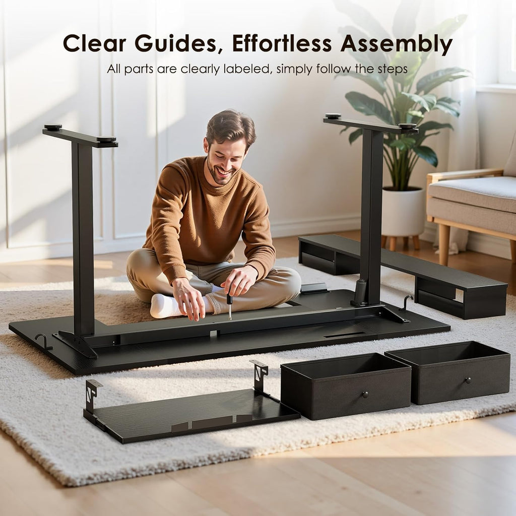 OffiGo U Shaped Electric Standing Desk with Drawers, 55 Inch Height Adjustable Desk with Keyboard Tray ＆ Ergonomic Monitor Stand, Sit Stand Table with Power Outlets for Home, Office, Black