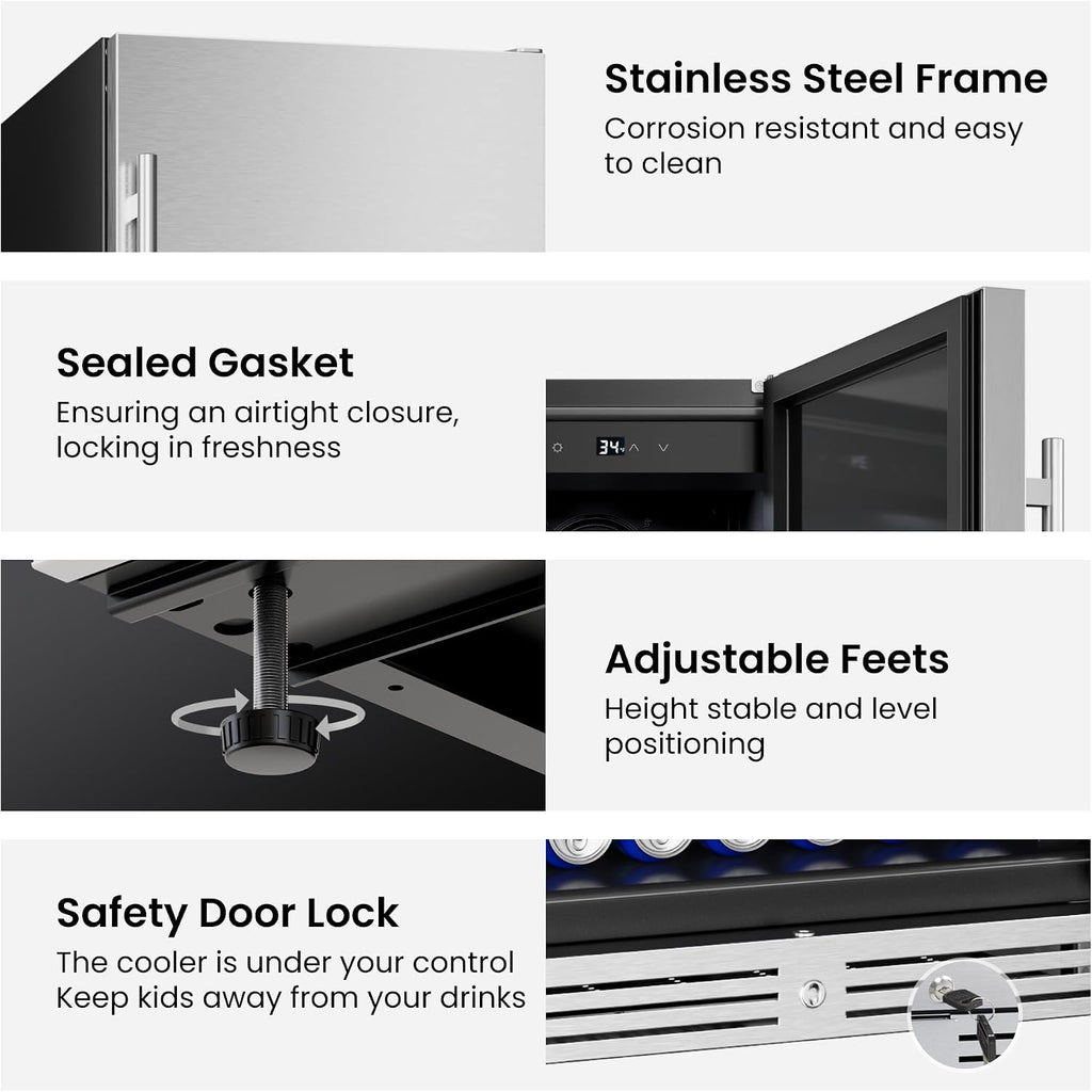 Yeego 24 Inch Beverage Refrigerator, 160-Can Beverage Cooler with Lock & Auto Defrost, Stainless Steel Indoor & Covered Outdoor Beverage Fridge, Freestanding or Under Counter for Beer, Soda & Wine