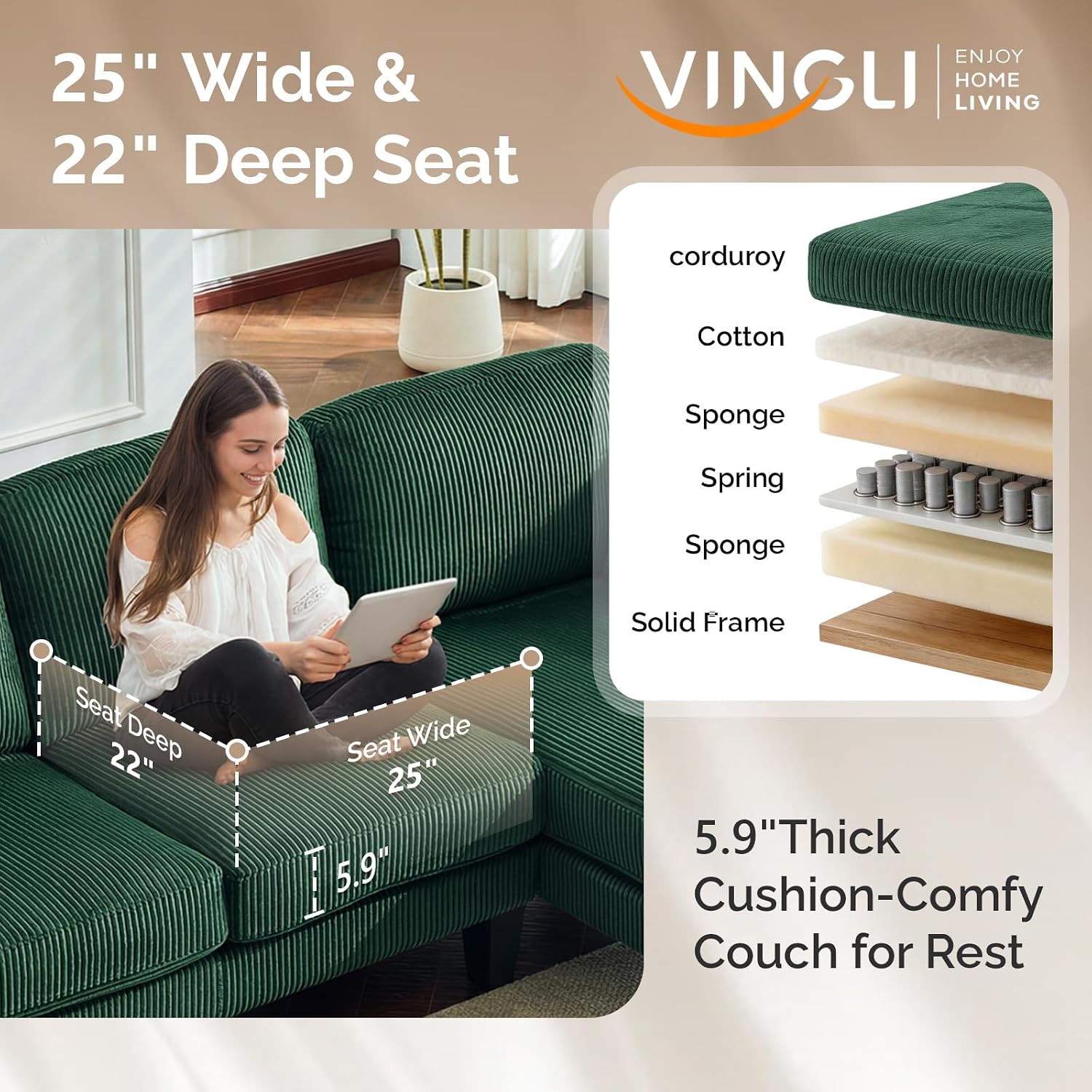 VINGLI 108' W U-Shaped Sectional Couches for Living Room, Sturdy Wooden Armrest Corduroy Cloud Couch with Double Chaise, High Support Modern 4-Seat Sectional Sofa for Apartment, Offices, Dark Green