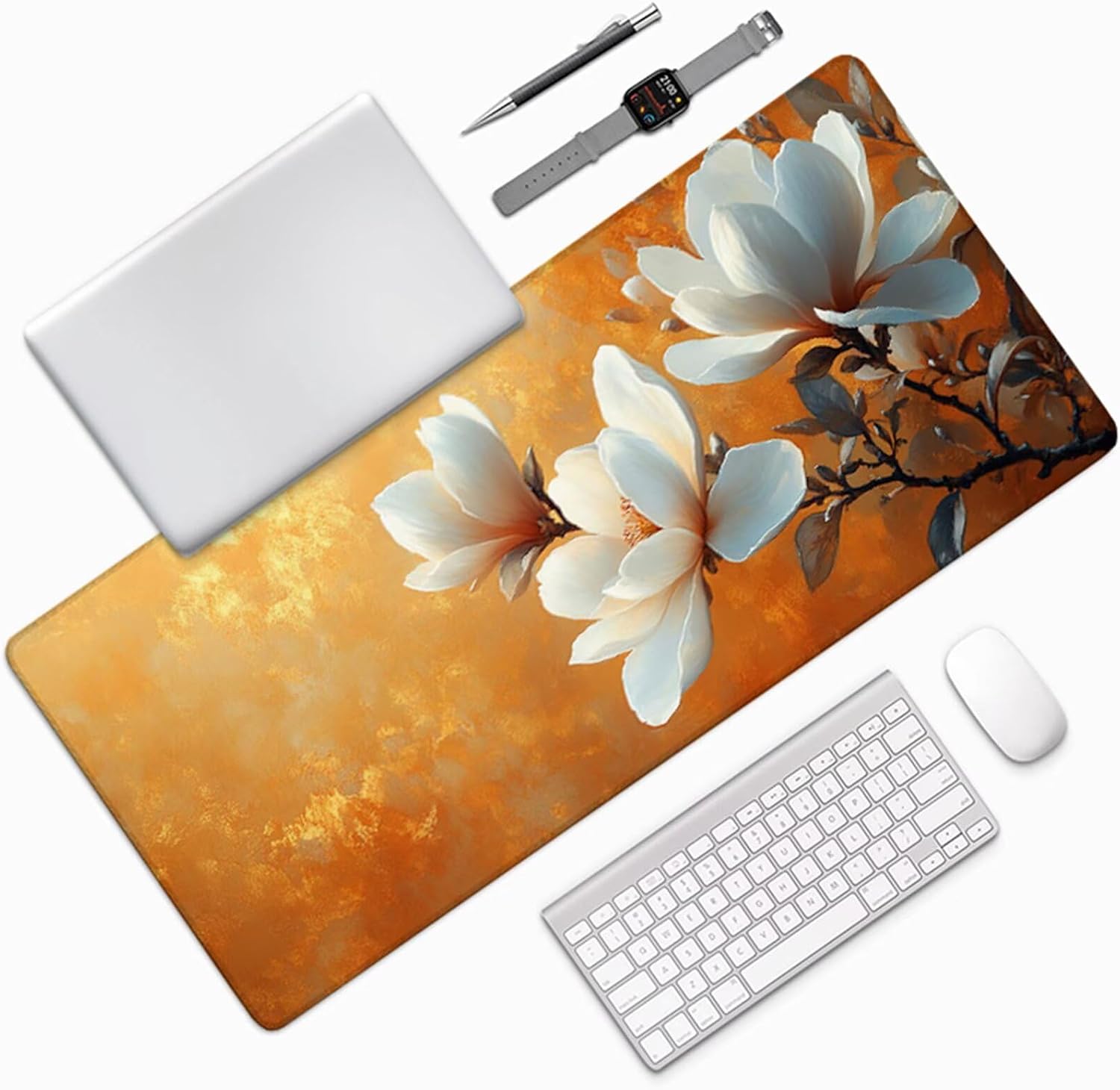 Flower Gaming Mouse Pad, Mouse Pad 64x32in, Large Desk Mat with Non-Slip Rubber Base, Office Desk Accessories, Large Extended Gaming Keyboard Mat, Big Mousepad for Computer Gamer Office, Orange O-5444