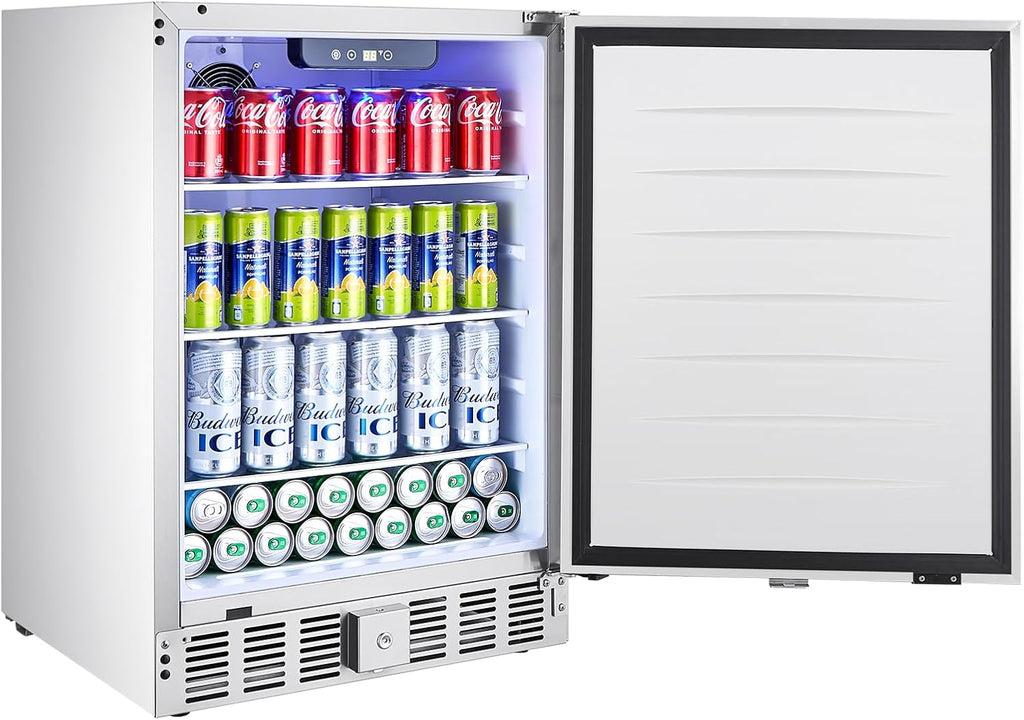 VEVOR 24-Inch Indoor/Outdoor Beverage Refrigerator, 150 QT Freestanding or Undercounter Beverage Fridge, 180 Cans Built-in Beer Fridge with Stainless Steel Body for Residential Home Bar Commercial Use