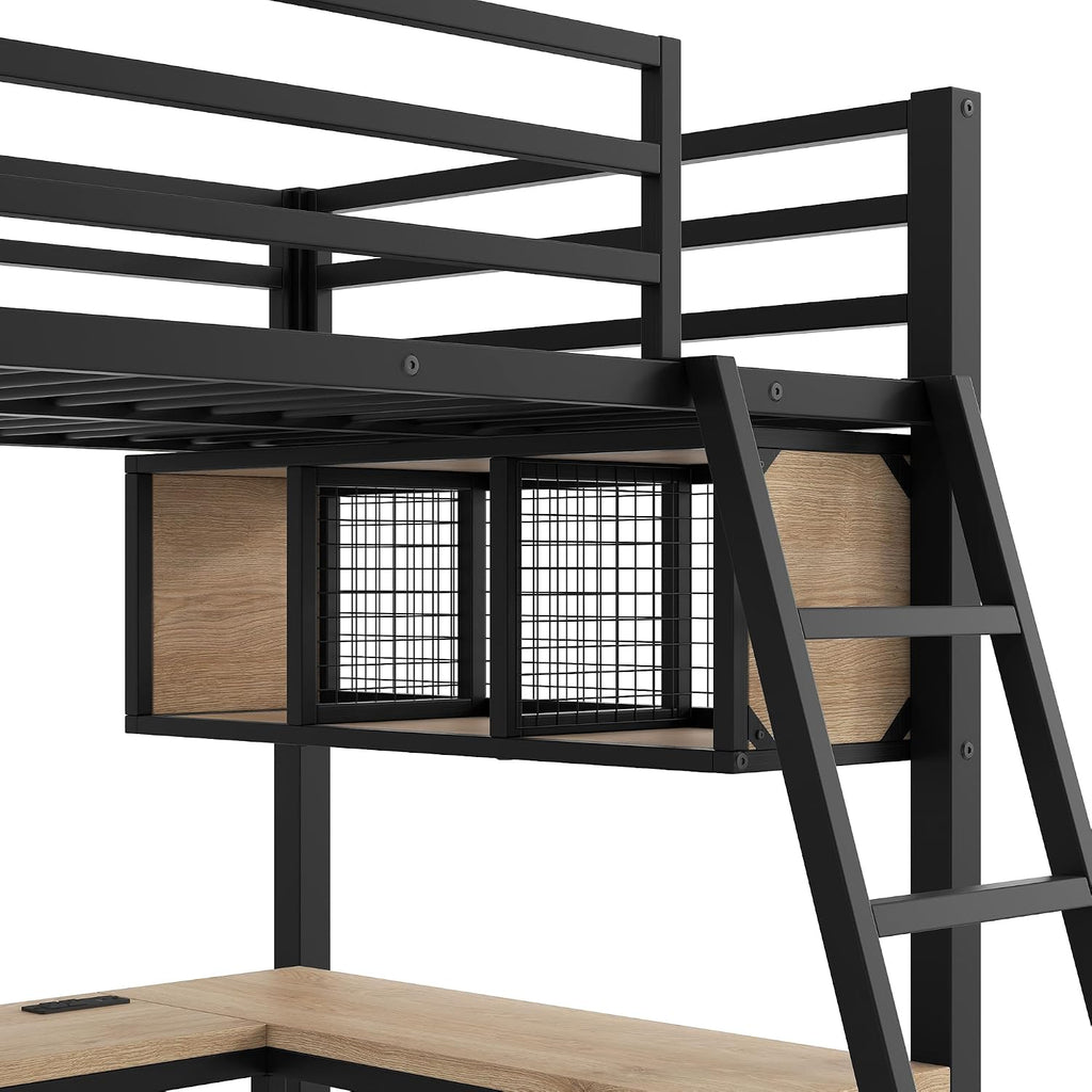 L-Shaped Loft Bed Twin Size with 2 Built-in Desks and Storage Shelves, Metal Gaming Loft Bed with LED and Charging Station for 2 Kids Teens Boys Girls