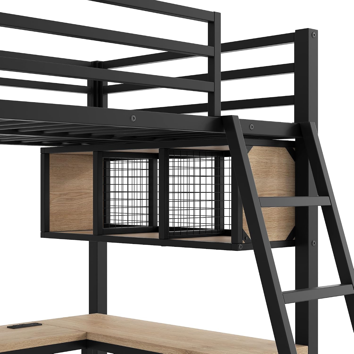 L-Shaped Loft Bed Twin Size with 2 Built-in Desks and Storage Shelves, Metal Gaming Loft Bed with LED and Charging Station for 2 Kids Teens Boys Girls