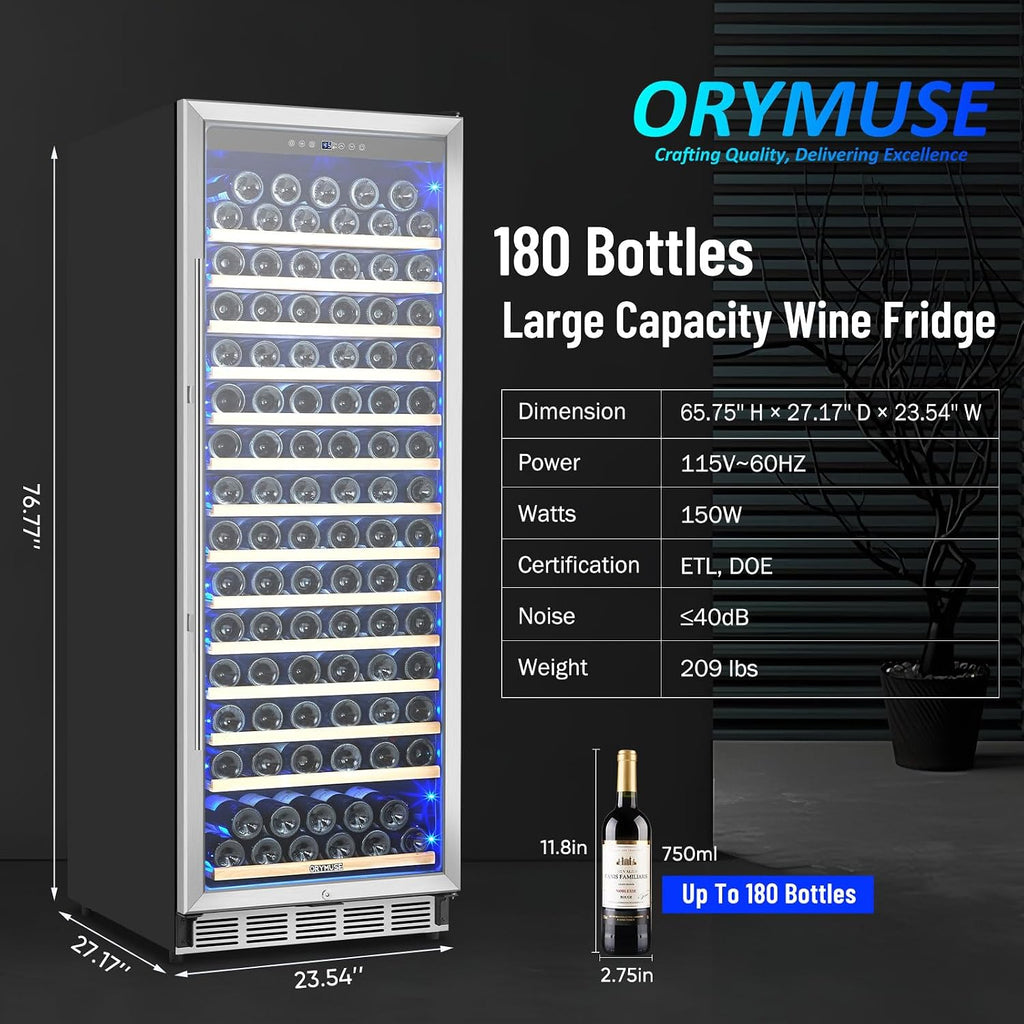 ORYMUSE Freestanding 180 Bottle Wine Fridge - 24' Built-in Cooler with Upgraded Compressor Cooling and Intelligent Temperature Memory, Large Capacity Refrigerator