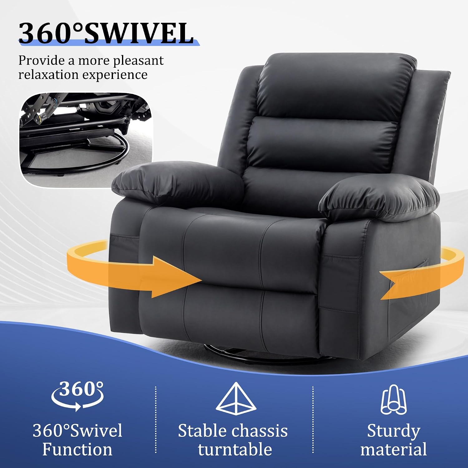 Korser Recliner Chair for Adults, Oversized 360° Swivel Rocker Recliner with Massage and Heat, Wide Nursery Glider Rocking Chair with Side Pockets, Cashmere Reclining Sofa for Living Room (Black)