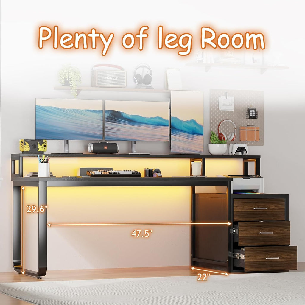 HOMBCK 67' Computer Desk with 3 Drawers, Home Office Desk with Long Monitor Stand and Printer Space, Office Desk with Storage & LED Lights, Writing Desk with Drawers, Black and Walnut