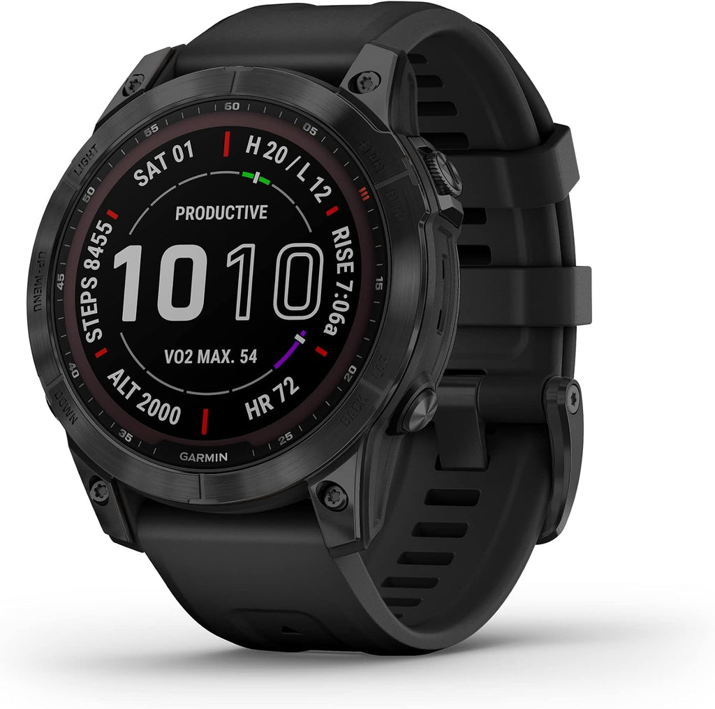 Garmin Fenix 7 Sapphire Solar, Smartwatch, with Solar Charging Capabilities, Rugged Outdoor Watch with GPS, Touchscreen, Wellness Features, Carbon Gray DLC Titanium with Black Band (Renewed)