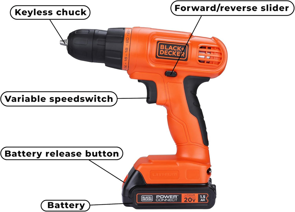 BLACK+DECKER 20V MAX Drill & Home Tool Kit, 34 Piece (BDCD120VA), Orange