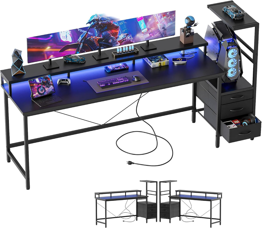 Mericonia Gaming Desk with Power Outlets & LED Lights, Reversible Computer Desk with PC Case Stand, Fabric Drawers, Modern Office Desk with Shelves, Monitor Stand