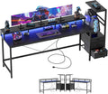 Mericonia Gaming Desk with Power Outlets & LED Lights, Reversible Computer Desk with PC Case Stand, Fabric Drawers, Modern Office Desk with Shelves, Monitor Stand
