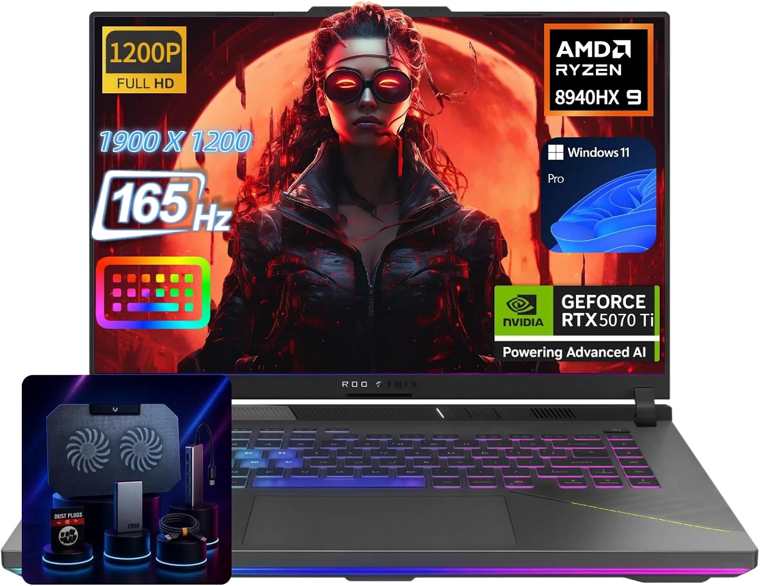 ASUS ROG Strix G16 Gaming Laptop - NVIDIA GeForce RTX 5070 Ti, AMD Ryzen 9 8940HX (up to 5.2 GHz),16' 165Hz FHD+, Win11 Pro, Backlit KB, Wi-Fi 6E, w/Accessoires (64GB DDR5 RAM, 2TB SSD)