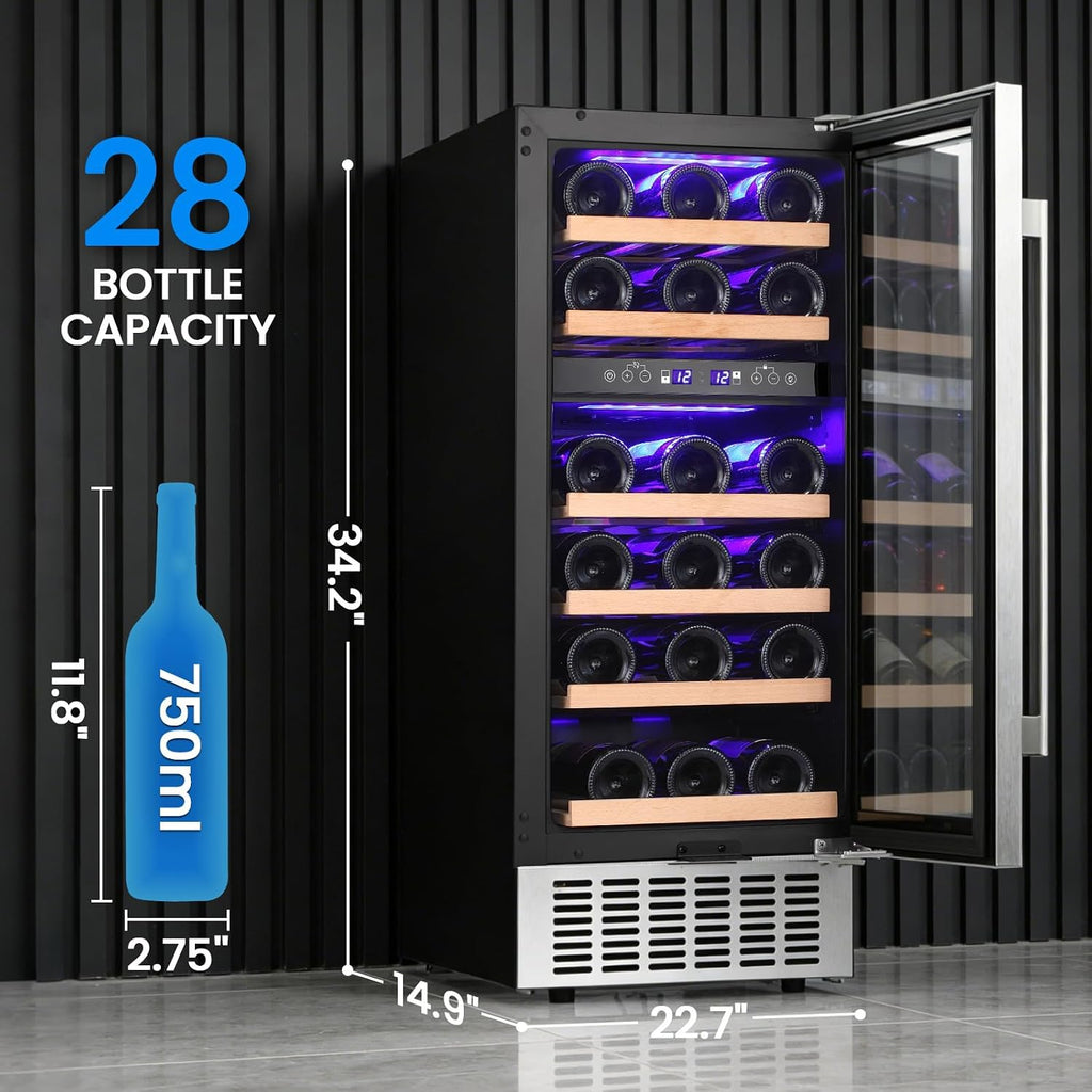 Antarctic Star Wine Fridge 15' Wine Cooler Under Counter Beverage Refrigerator Beer Mini Fridge 28 Bottles Dual Zone Built-in Freestanding Stainless Steel Double-Layer Tempered Glass Door