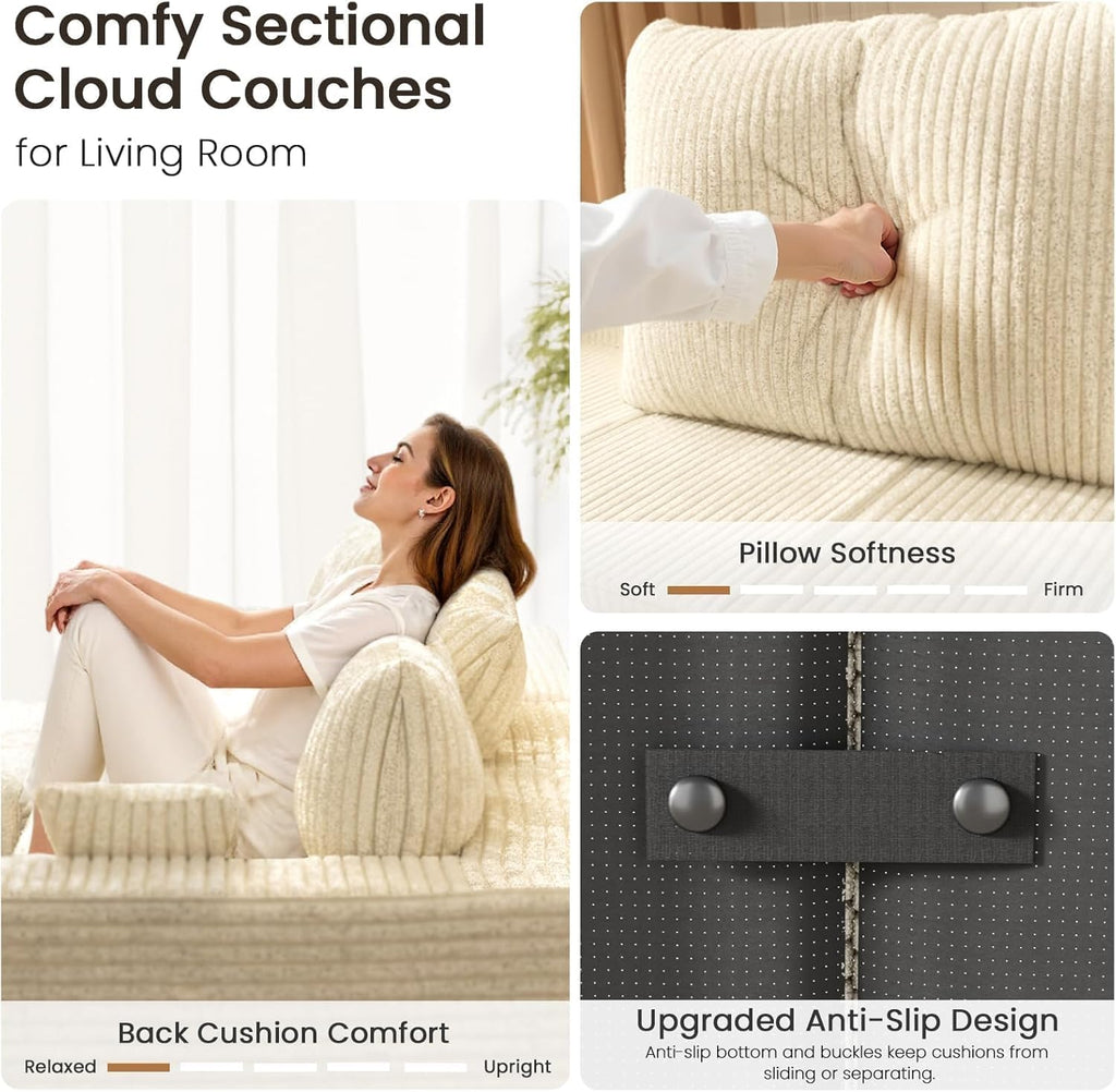 110' Cloud Modular Sectional Combination Couch with Ottoman, Deep Seat L-Shaped Sofa with Oversized Lounge, Modern Corduroy Upholstered Memory Foam Sofa for Bedroom, No Assembly (Natural White)