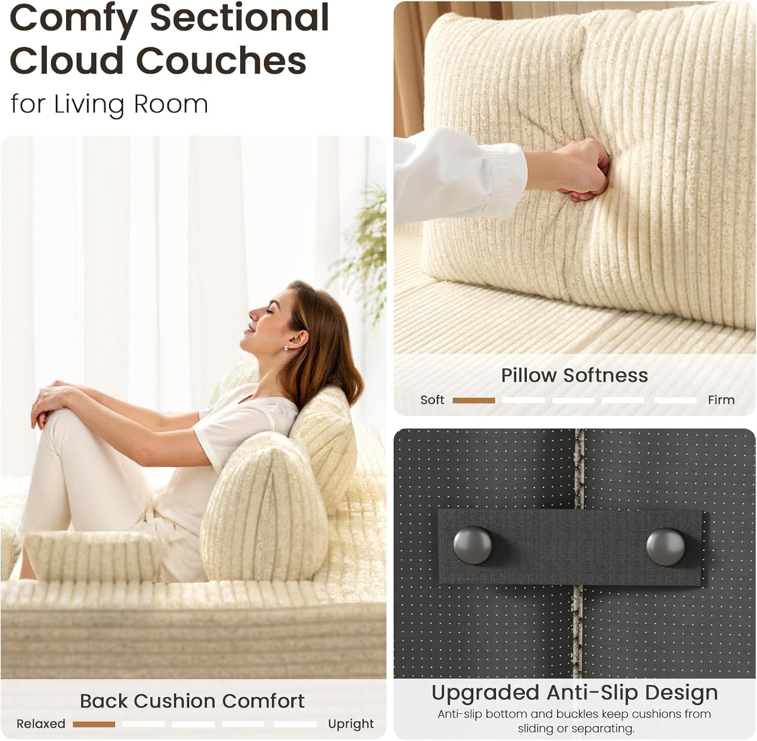 110' Cloud Modular Sectional Combination Couch with Ottoman, Deep Seat L-Shaped Sofa with Oversized Lounge, Modern Corduroy Upholstered Memory Foam Sofa for Bedroom, No Assembly (Natural White)
