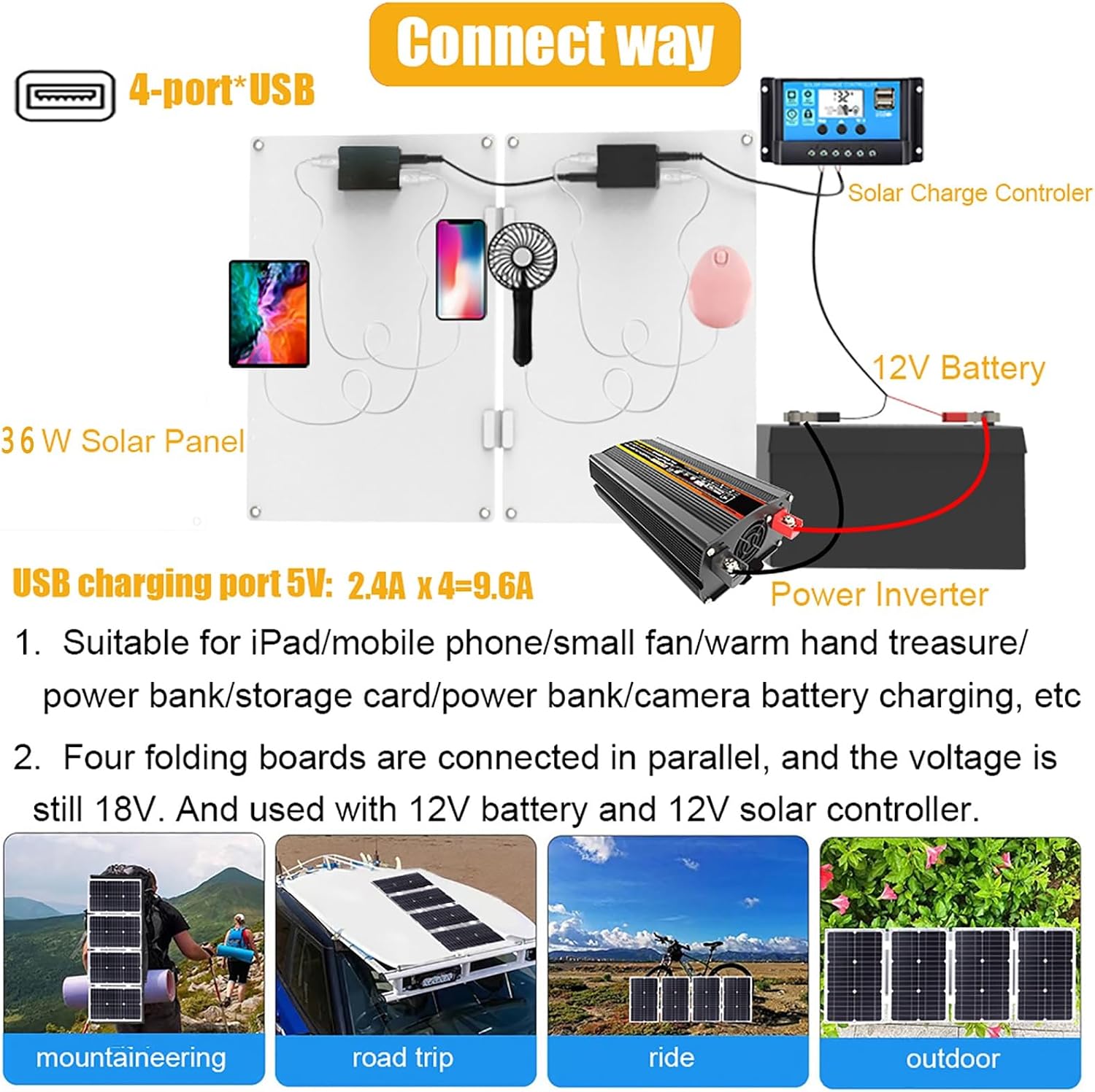 Solar Power System Set 36W Folding Solar Panel with Four USB Chargers + 3000W Power Inverter DC12V-110V/220V + 30A Solar Charge Controller(Yellow,12V-110V)