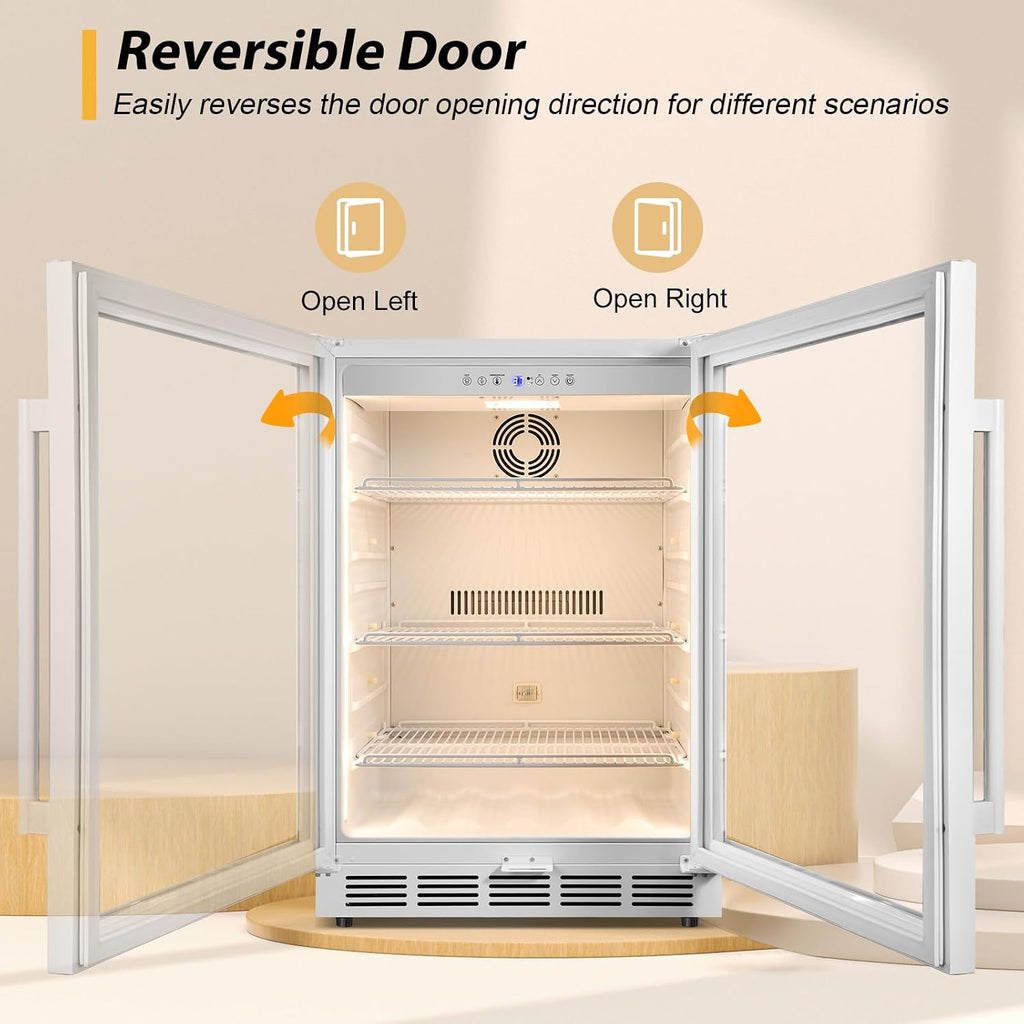 Tylza Beverage Refrigerator 24 Inch, Under Counter/Freestanding Drink Fridge, 190 Cans Beverage Cooler with Glass Door, Reversible Door, Low Noise, Quick Cooling - for Beer, Soda, ETC, White
