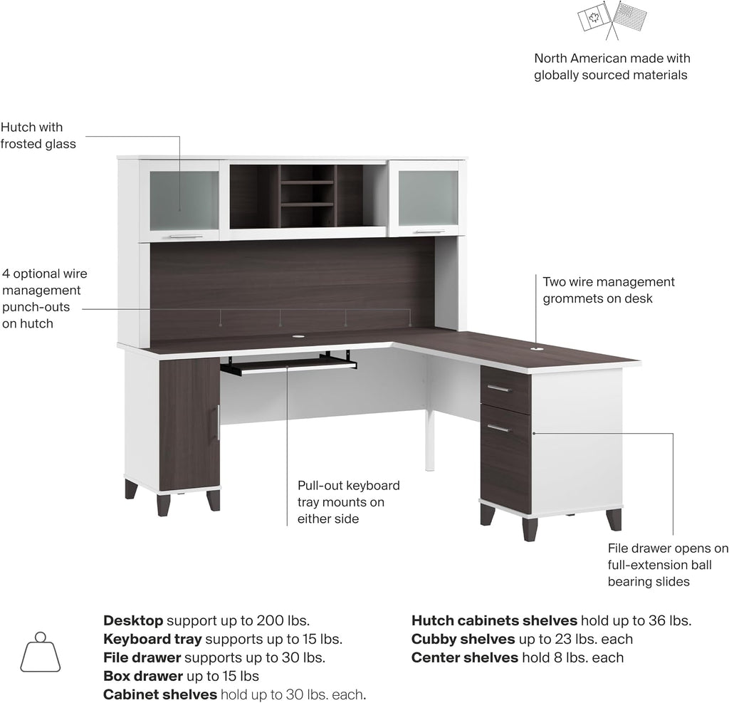 Bush Home 72-Inch L-Shaped Desk with Hutch, Corner Computer Office Desk with File and Box Drawers, Shelves and Storage Cabinet, Home Office Workstation, Somerset Collection, Storm Gray and White