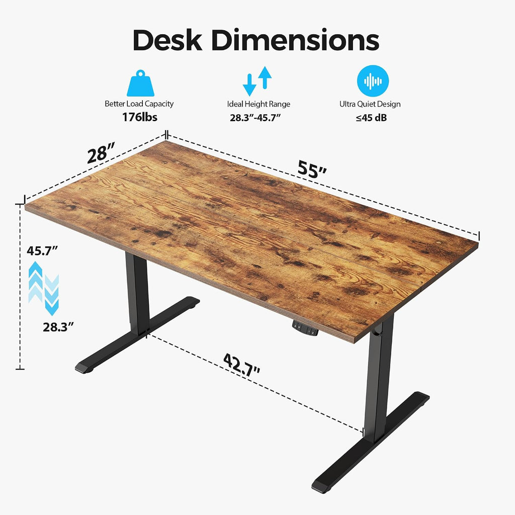 Agilestic Electric Standing Desk, 55 x 28 Inches Height Adjustable Desk, Sit Stand up for Work Office Home, Ergonomic Rising Computer Table with Memory Preset, Rustic Brown