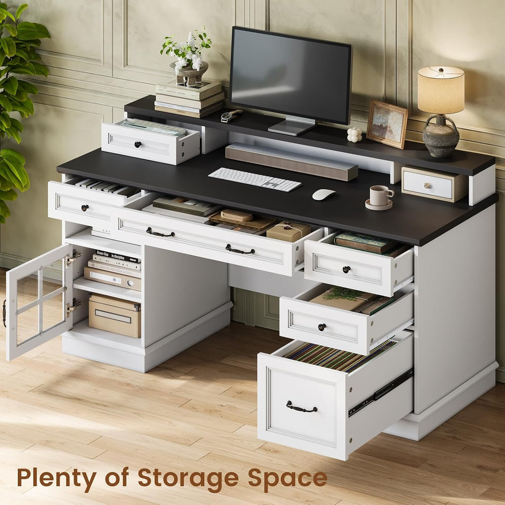 HAUOMS Farmhouse Executive Desk with Drawers Computer Desk with File Drawers, Power Outlet and Led Lights, Executive Office Desk with Storage Cabinet and Monitor Shelf for Home Office, White