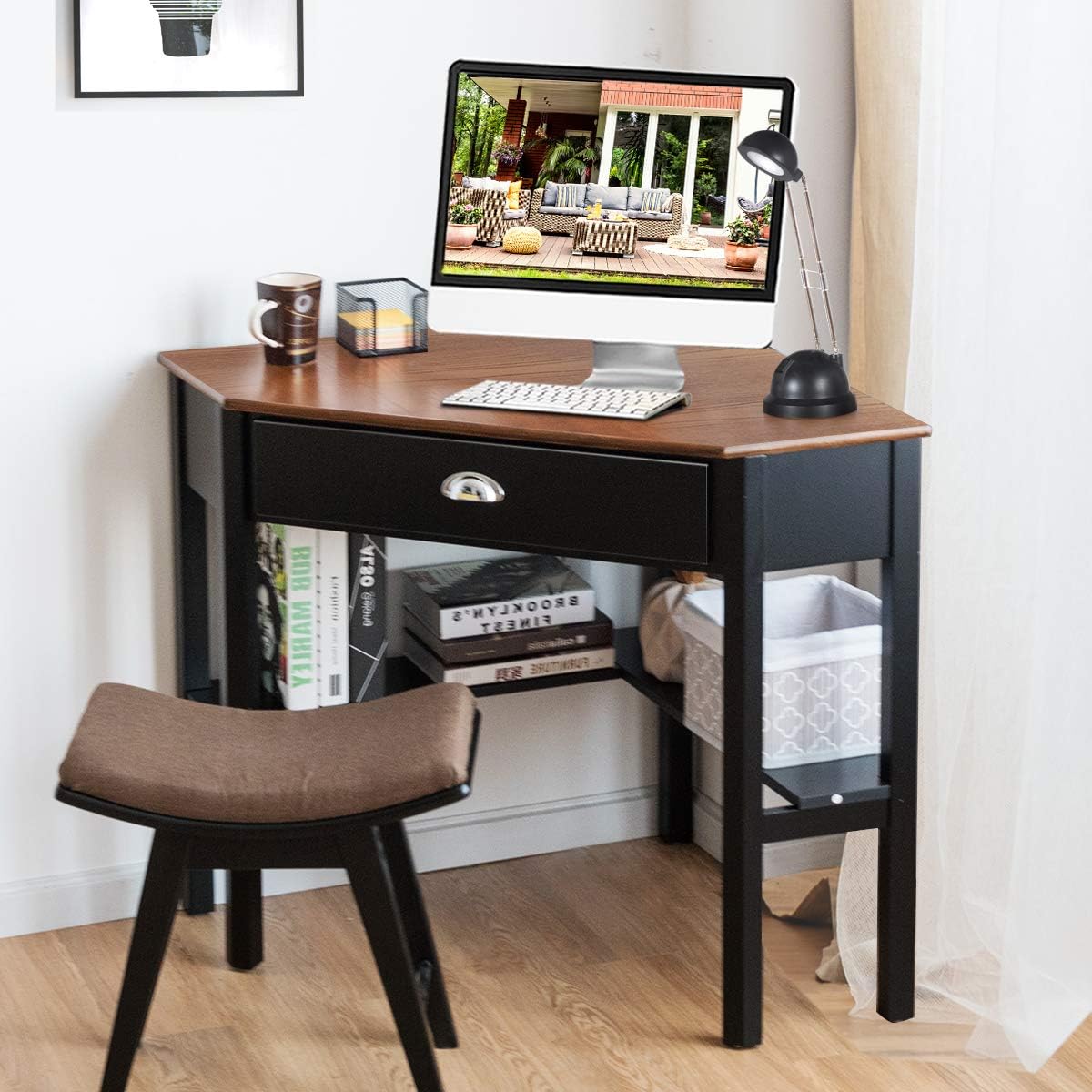 Tangkula Corner Desk, Corner Computer Desk with Drawer for Small Space, Small Corner Makeup Vanity Desk, 90 Degrees Triangle Corner Desk with Storage Shelves (Coffee & Black)