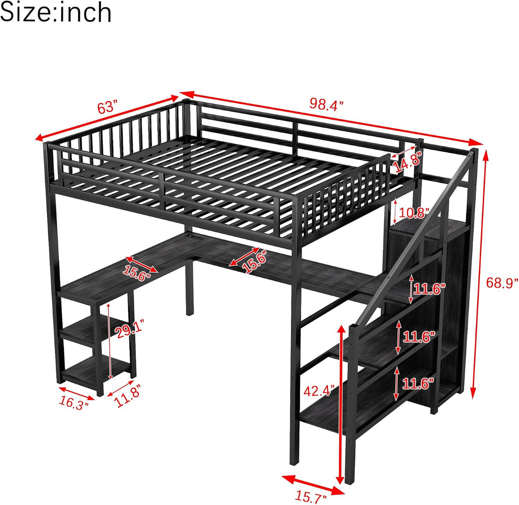 Queen Size Loft Bed with Desk and Stairs, Gaming Loft Bed with RGB LED Light and Storage, Heavy-Duty Metal Loft Beds Frame with Wardrobe, Shelves and Charging Station for Adults Kids Teens, Black