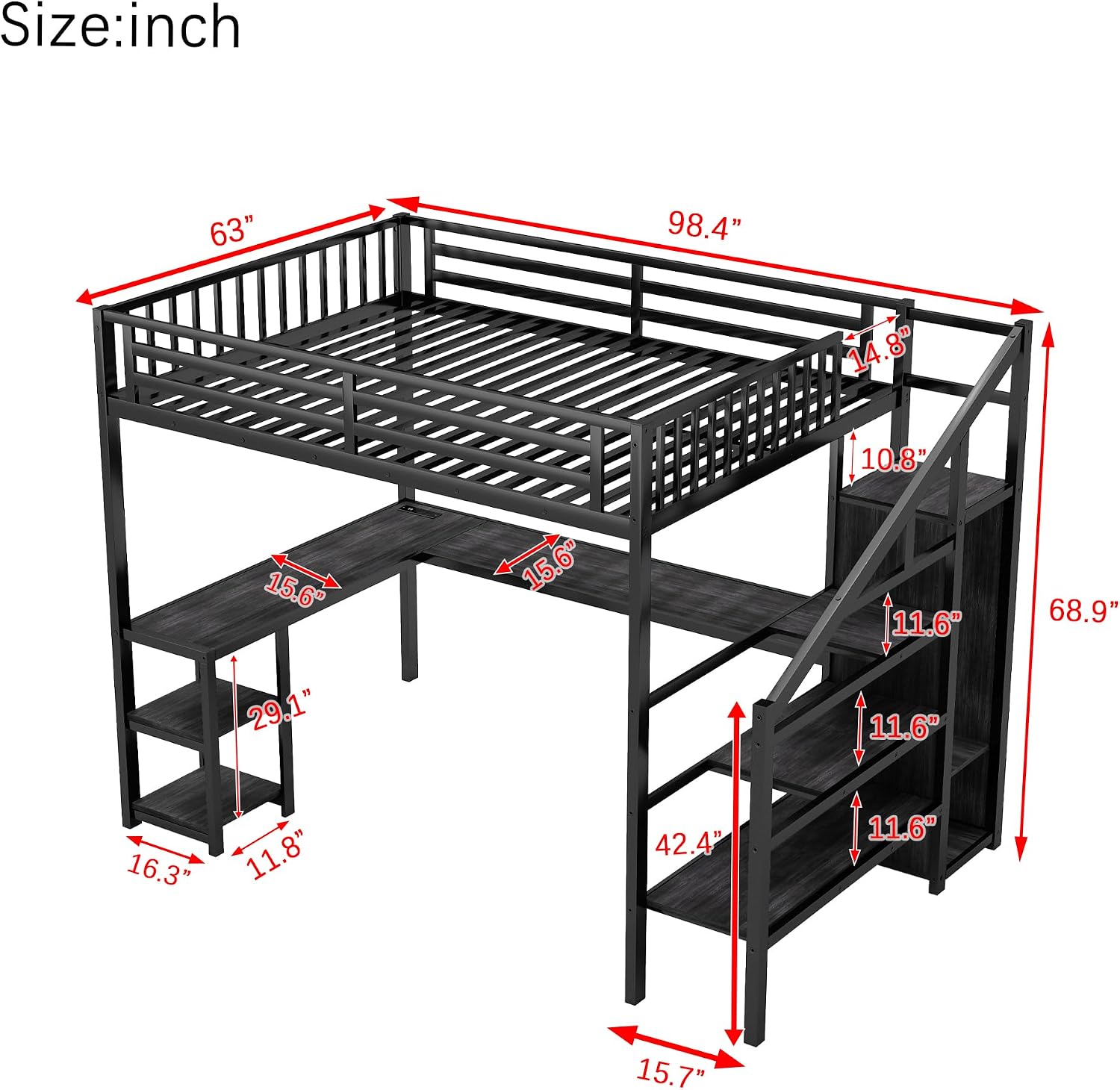 Queen Size Loft Bed with Desk and Stairs, Gaming Loft Bed with RGB LED Light and Storage, Heavy-Duty Metal Loft Beds Frame with Wardrobe, Shelves and Charging Station for Adults Kids Teens, Black