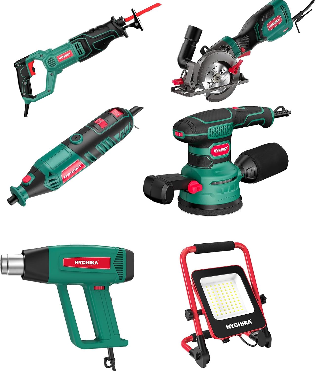 HYCHIKA Heat Gun,Orbital Sander 3.8Amp 450W,6.2A Mini Circular Saw,Reciprocating Saw,180W Rotary Tool,50W LED Work Light,6-Tool Power Tool Combo Kit