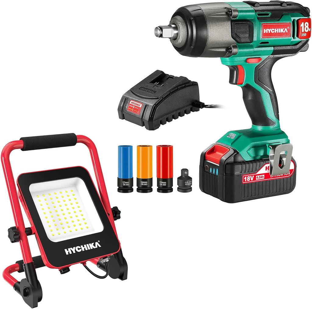 HYCHIKA 18 V Max Cordless Impact Wrench, 50W LED Work Light, 2-Tool Power Tool Set Combo Kit