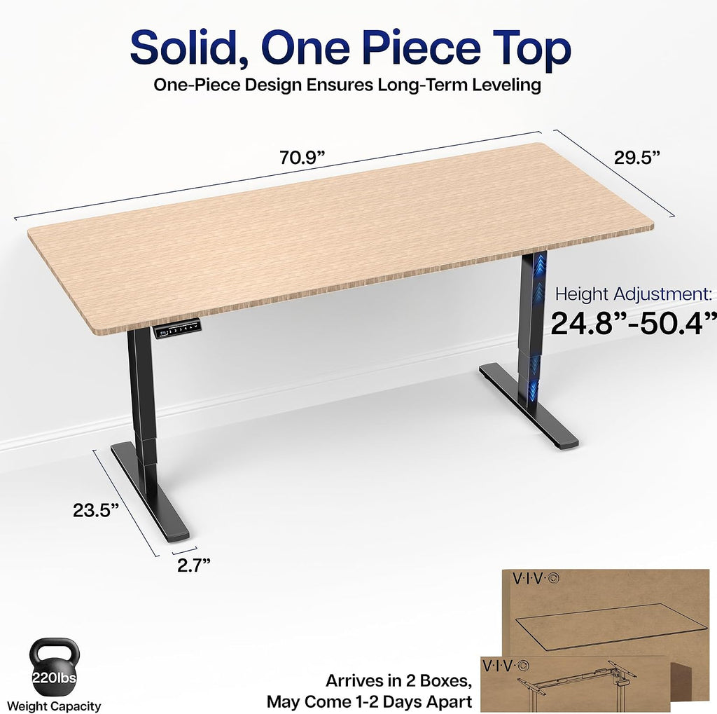 VIVO Electric 71 x 30 in Real Bamboo Standing Desk, Touch Screen Adjustment, 220 lb Frame Support, 2E Series, Black Frame, DESK-KIT-2E71O