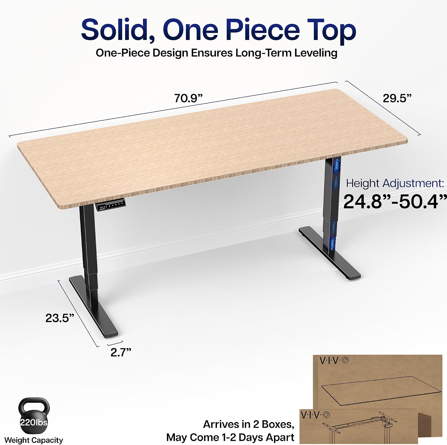 VIVO Electric 71 x 30 in Real Bamboo Standing Desk, Touch Screen Adjustment, 220 lb Frame Support, 2E Series, Black Frame, DESK-KIT-2E71O