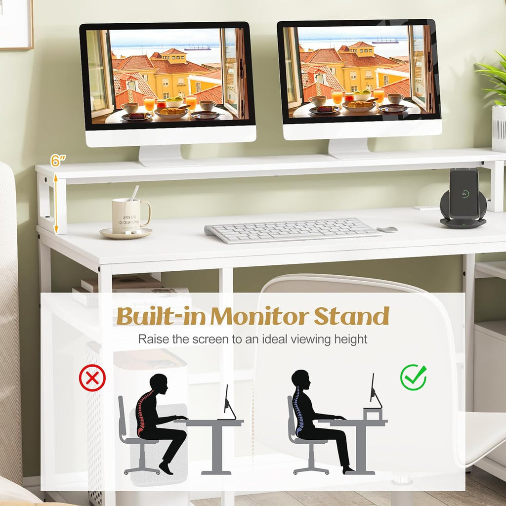 Giantex Computer Desk with Drawer, 66 Inch Computer Workstation with Charging Station, Monitor Stand, Printer Cabinet, CPU Stand & File Drawer, Gaming Table Writing Desk for Bedroom, White