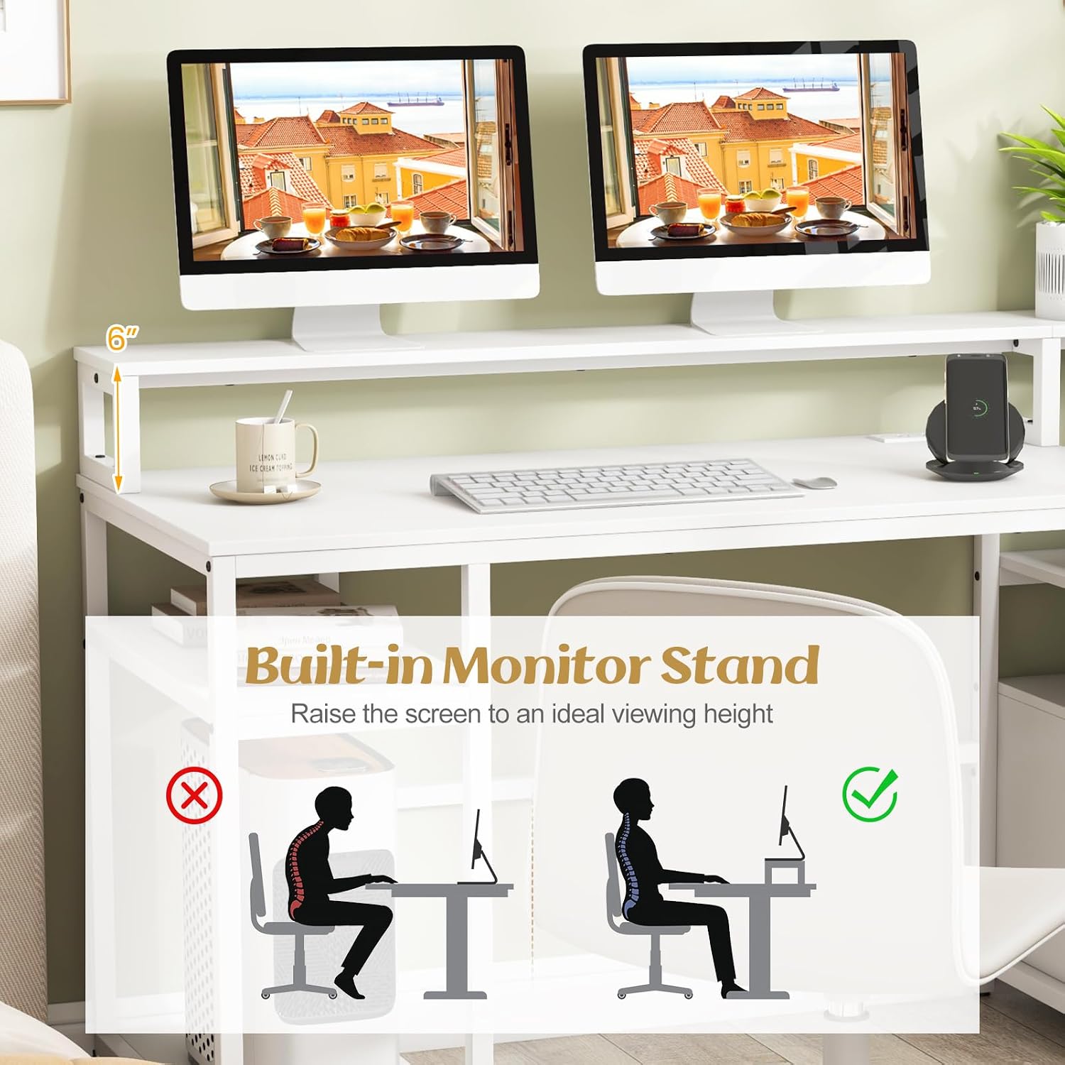 Giantex Computer Desk with Drawer, 66 Inch Computer Workstation with Charging Station, Monitor Stand, Printer Cabinet, CPU Stand & File Drawer, Gaming Table Writing Desk for Bedroom, White