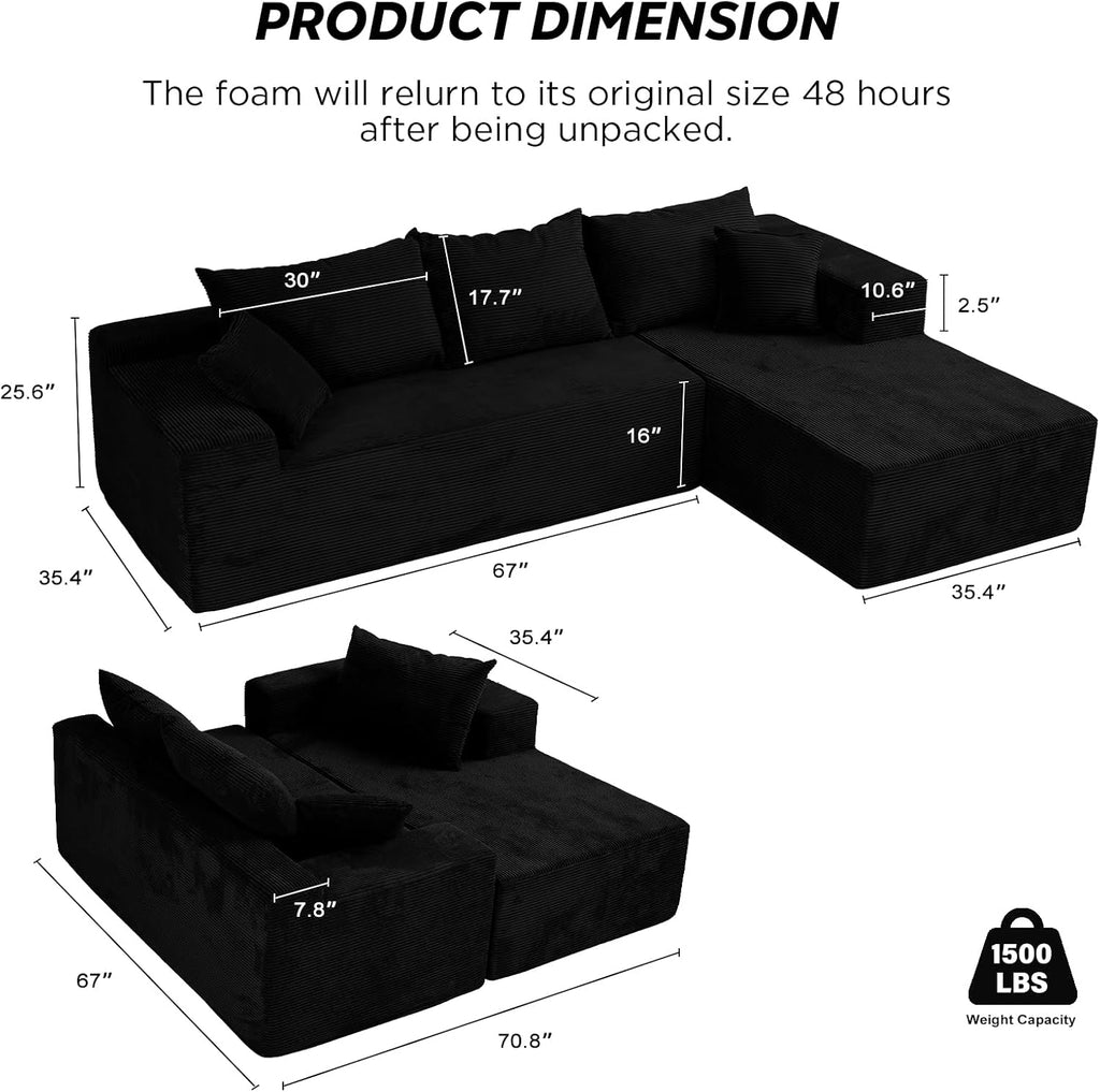 Black 103' Cloud Couch Sectional Sofa in Box with L-Shape Chaise,Modern Modular Couches Upholstered with Deep Seat for Living Room,No Assembly Required