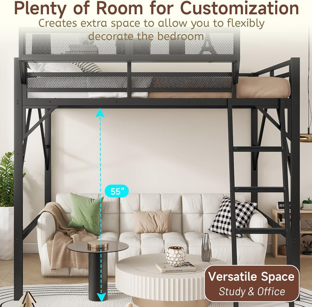 Mirightone Full Size Loft Bed with Storage, Metal Loft Beds with Upper Shelf, High Loft Bed Frame with Ladder, Lofted Full Bed for Kids and Teens, No Box Spring Needed (Black)