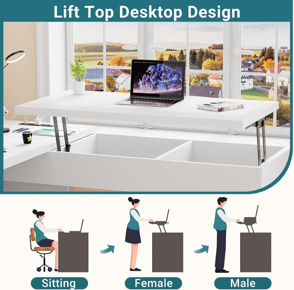 Unikito Lift Top L Shaped Desk with Drawer, Large Office Desk with Power Outlets and USB Charging Ports, Sturdy Corner Computer Desk Writing Table with Storage, L Shape Standing Desk, White