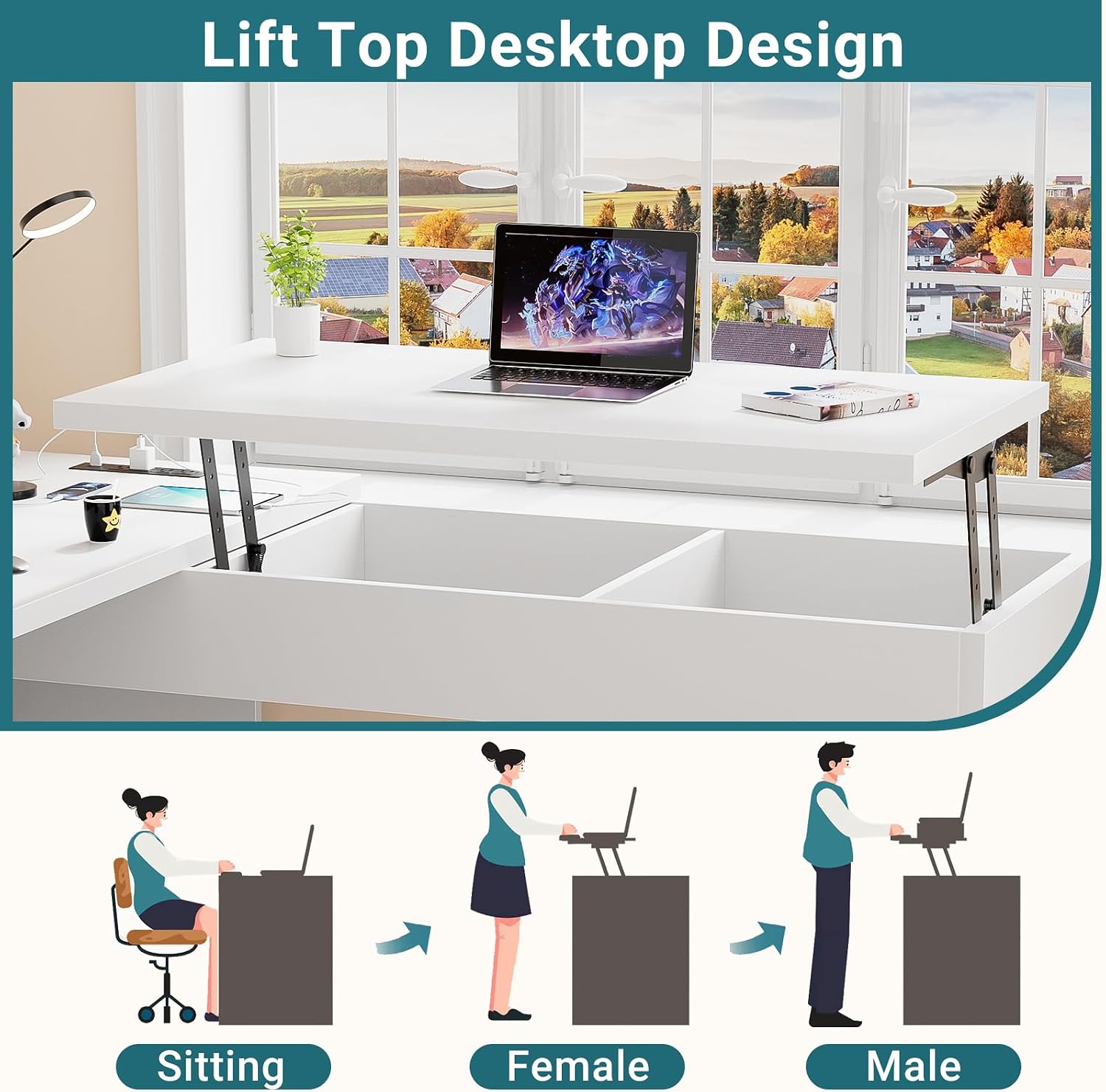 Unikito Lift Top L Shaped Desk with Drawer, Large Office Desk with Power Outlets and USB Charging Ports, Sturdy Corner Computer Desk Writing Table with Storage, L Shape Standing Desk, White