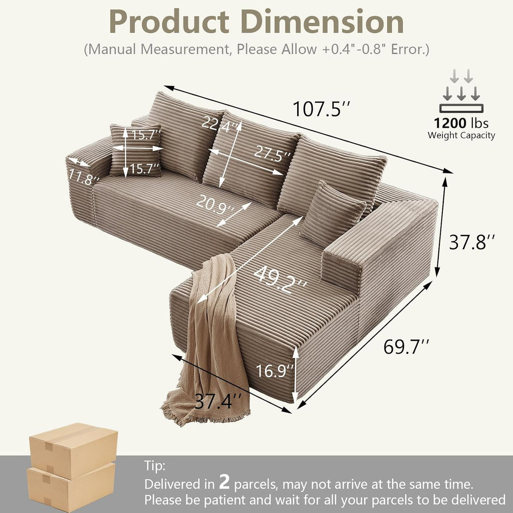 107' Cloud Sectional Couch with L-Shape Chaise, Modern Modular Comfy Sofa Chaise Longue, Upholstered Corduroy Couches Sleeper with Deep Seat for Living Room Bedroom, No Assembly Required, Camel