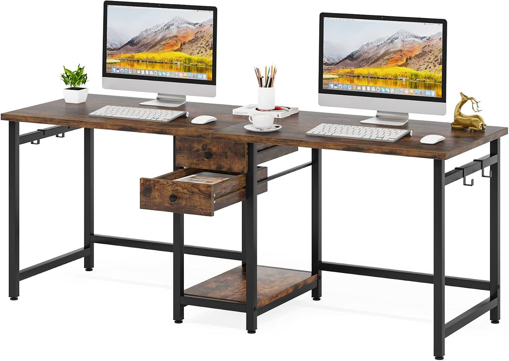 Tribesigns Two Person Desk, 79 Inch Double Desk with 2 Drawers, Large Computer Desk Long Desks with Storage Shelves, Writing Table Study Desk for Home Office, Rustic Brown (NY001)