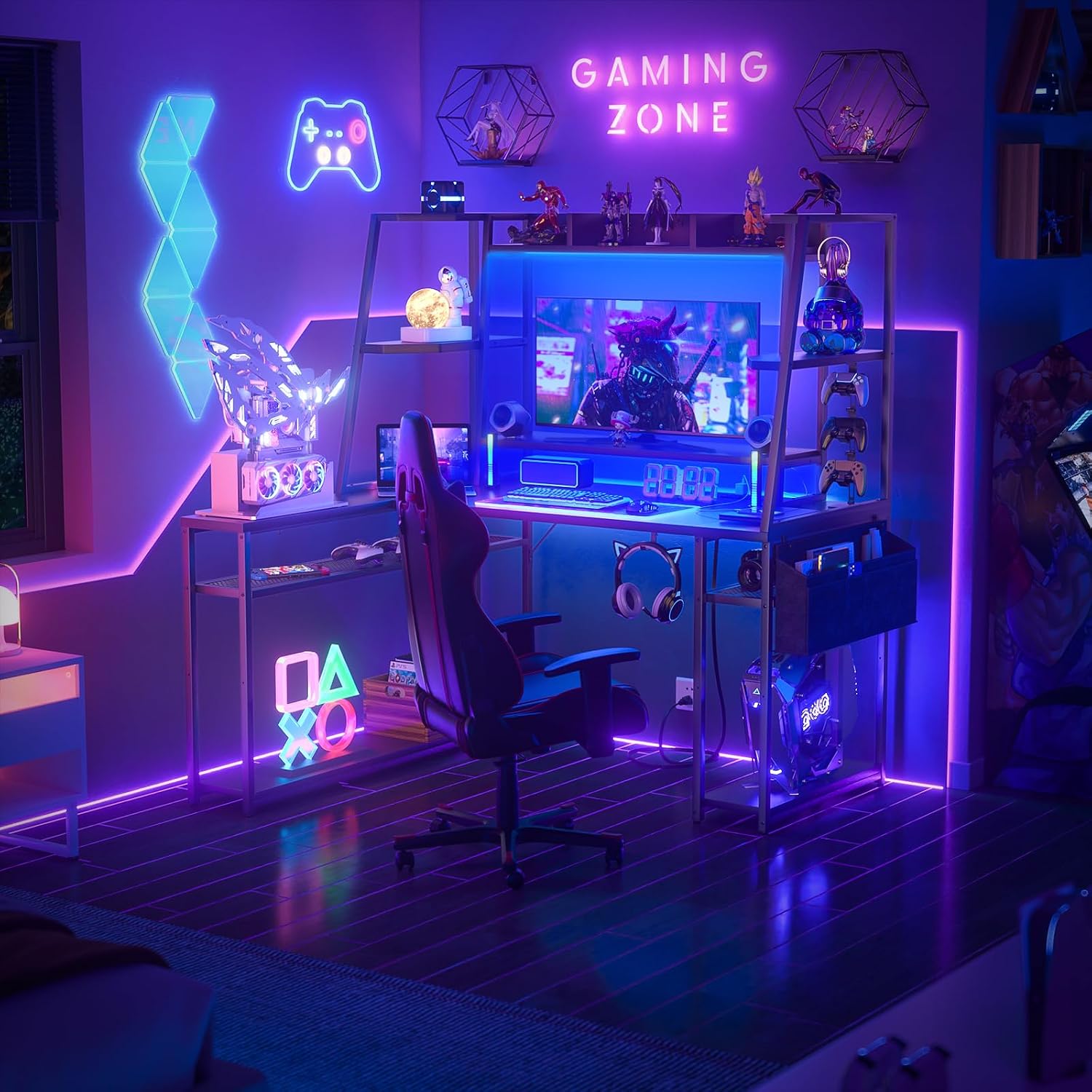 armocity L Shaped Gaming Desk with Hutch & Shelves, 47'' Computer LED Lights Power Strips, Reversible PC Shape Storage, for Monitor Stand, Black