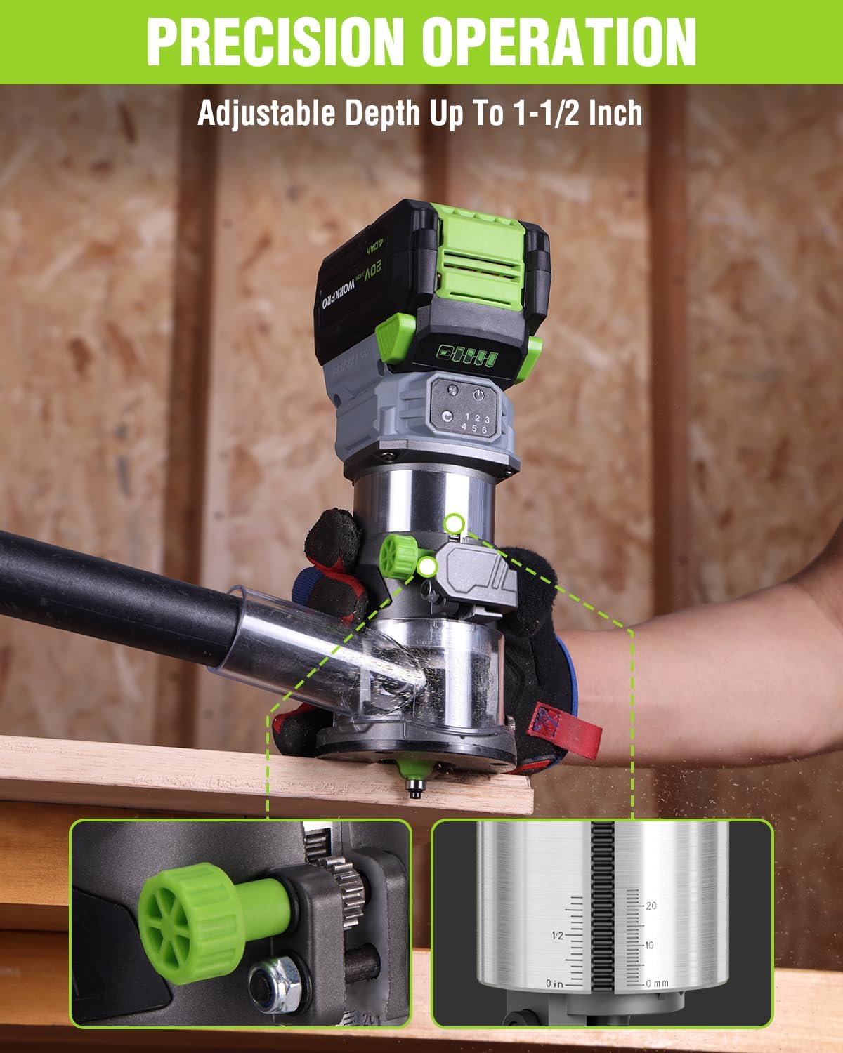 WORKPRO 20V Cordless Compact Router Tool, 6 Variable Speeds up to 30,000RPM Wood Router for Chamfering, Slotting, Trimming, with Multi-Angle Adjustable, Straight, Dual-Handle Base and Multiple Bits