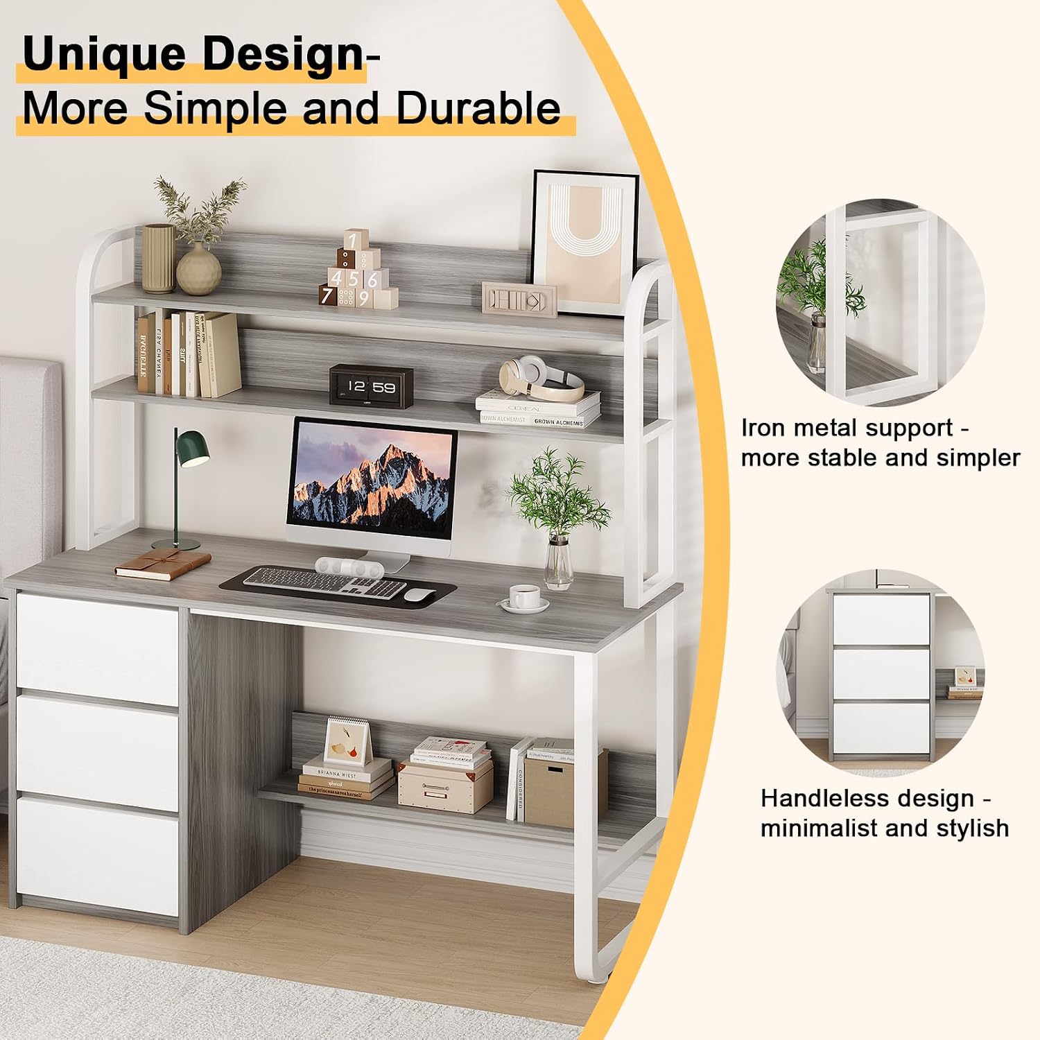 MaverickFurni Computer Desk with Hutch, 55 Inch Home Office Desk with Storage Drawers, Study Writing Desk with Shelves for Bedrrom, Adjustable Feet, Grey