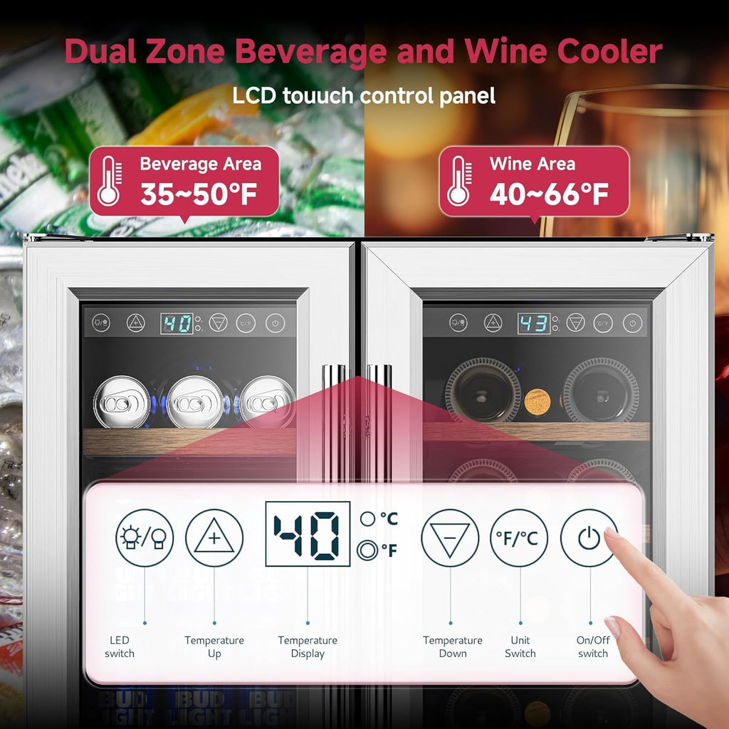 Icyglee 24' Wine and Beverage Refrigerator, Dual Zone Wine Cooler with Glass Door, Hold 88 Cans & 21 Bottles, Built in or Freestanding Under Counter Wine Fridge with Blue LED Light.