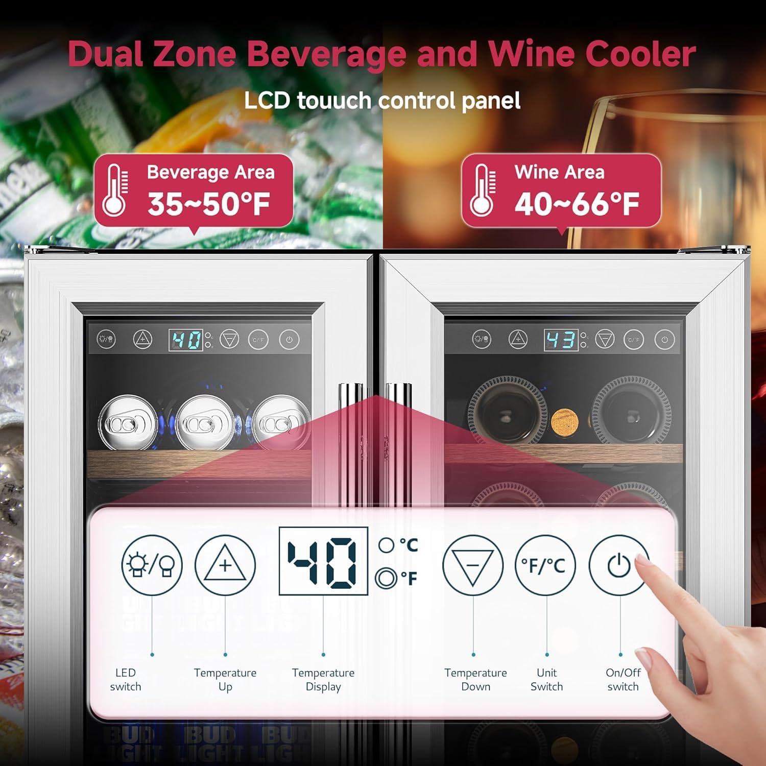 Icyglee 24' Wine and Beverage Refrigerator, Dual Zone Wine Cooler with Glass Door, Hold 88 Cans & 21 Bottles, Built in or Freestanding Under Counter Wine Fridge with Blue LED Light.