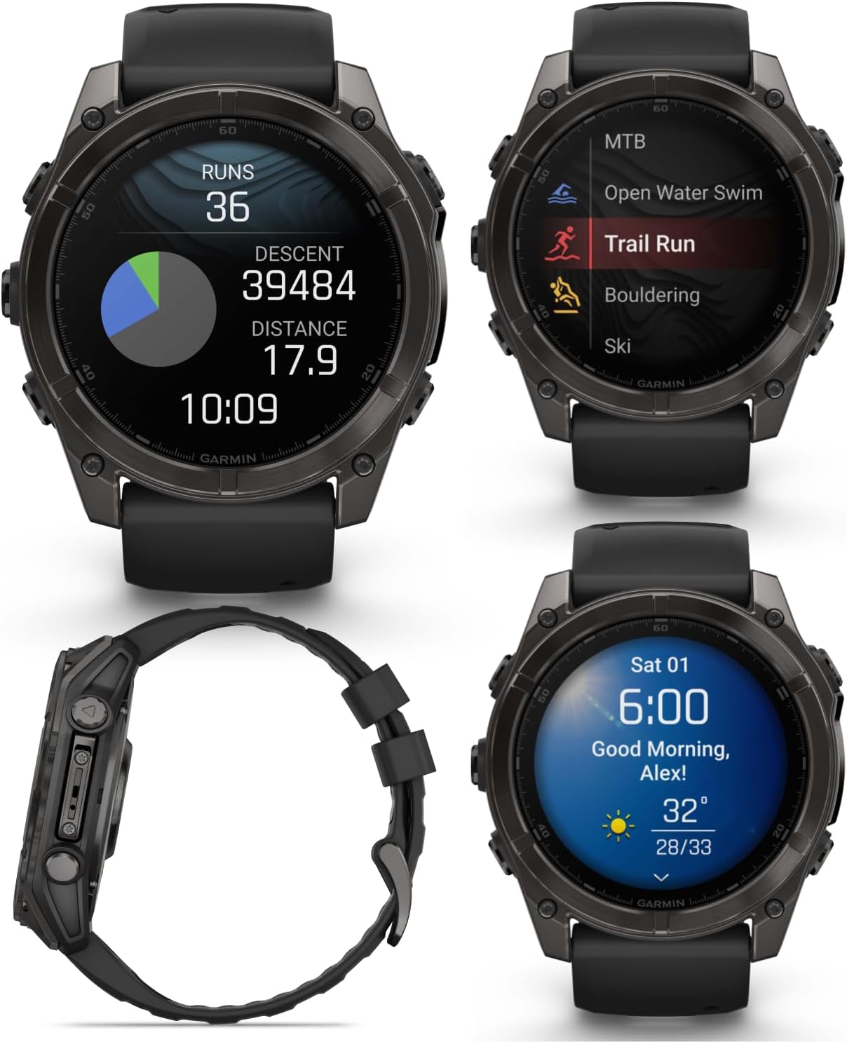 Garmin Fenix 8 51 mm, AMOLED Multisport GPS Smartwatch, Sapphire, Carbon Gray DLC Titanium with Black/Pebble Gray Silicone, Built-in LED Flashlight, Voice Control White Earbuds Bundle