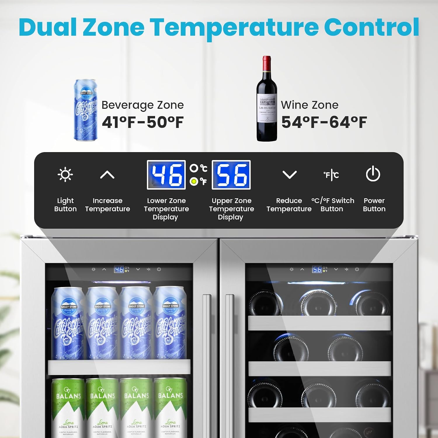 30 Inch Wine and Beverage Refrigerator, Beverage Fridge Cooler Under Counter, Dual Zone Commercial Bar Fridge for Beer with Seamless Stainless Steel Tempered Glass Door, 33 Bottles & 135 Cans