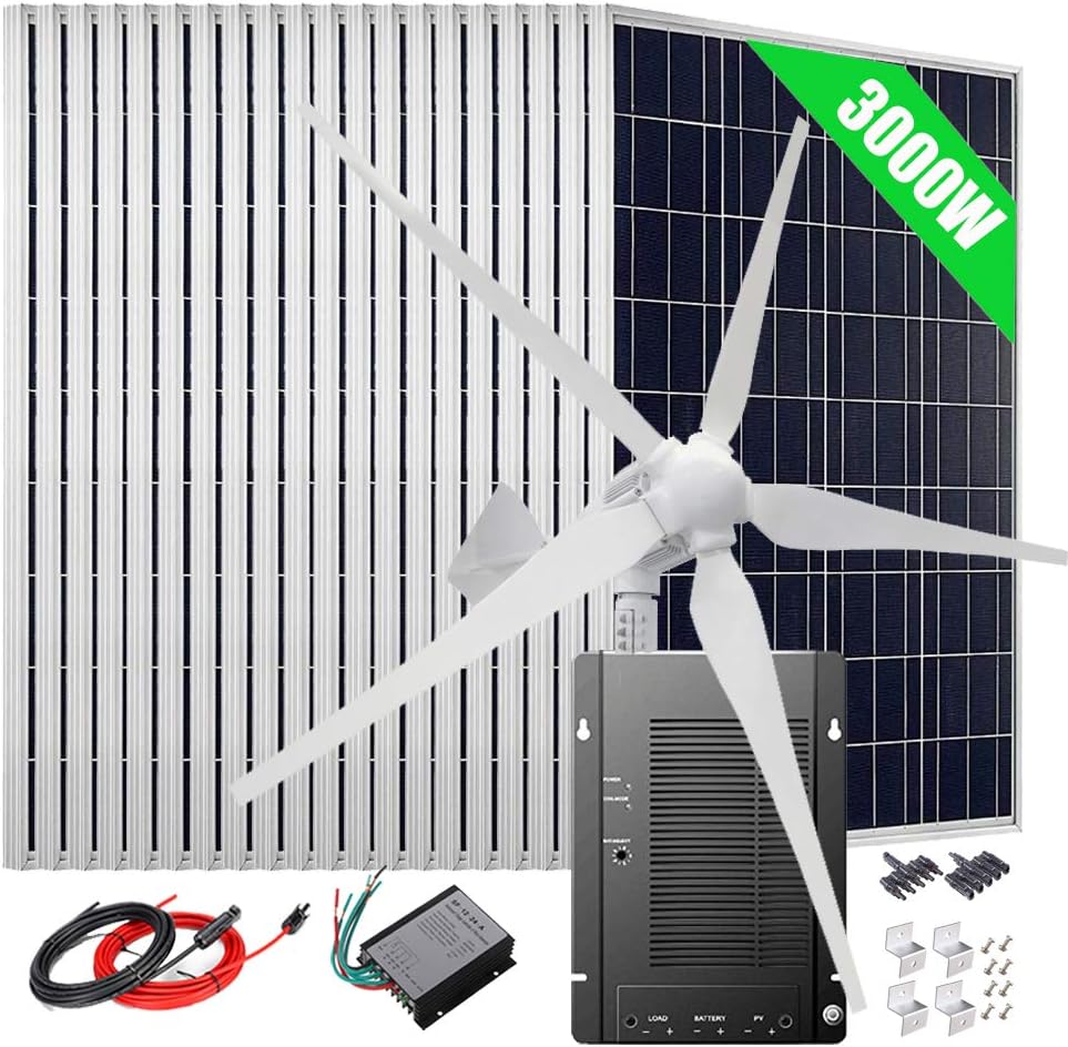 3000W 48V Wind Solar Hybrid Kit: 20pcs 100W Poly Solar Panel + 1000W Wind Turbine Generator + 40A MPPT Charge Controller + Cables + Z Mount Brackets