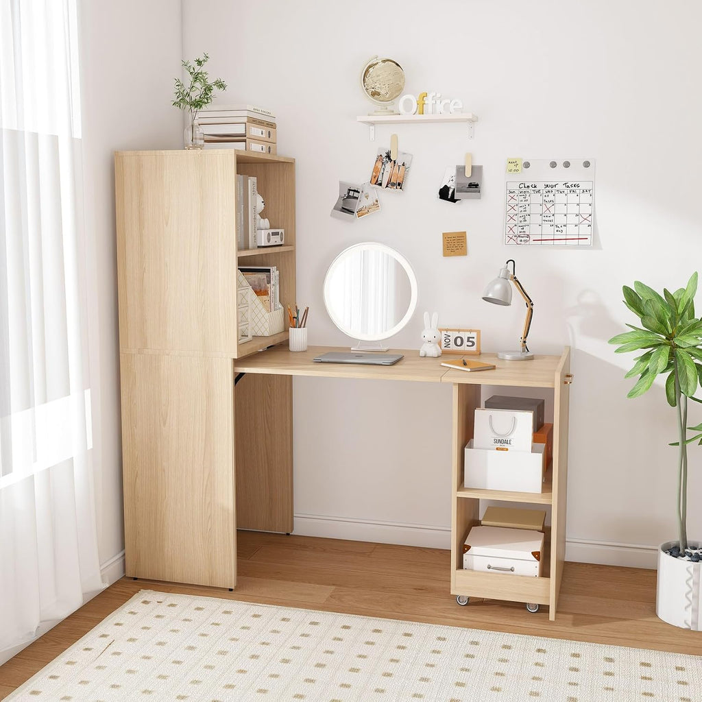 KEIKI Home Office Stretchable Desks with Storage Shelves and Mobile Wheels, Modern Wood Foldable Desk Gaming Computer Corner Table for Apartments Work, Study, Writing, Natural