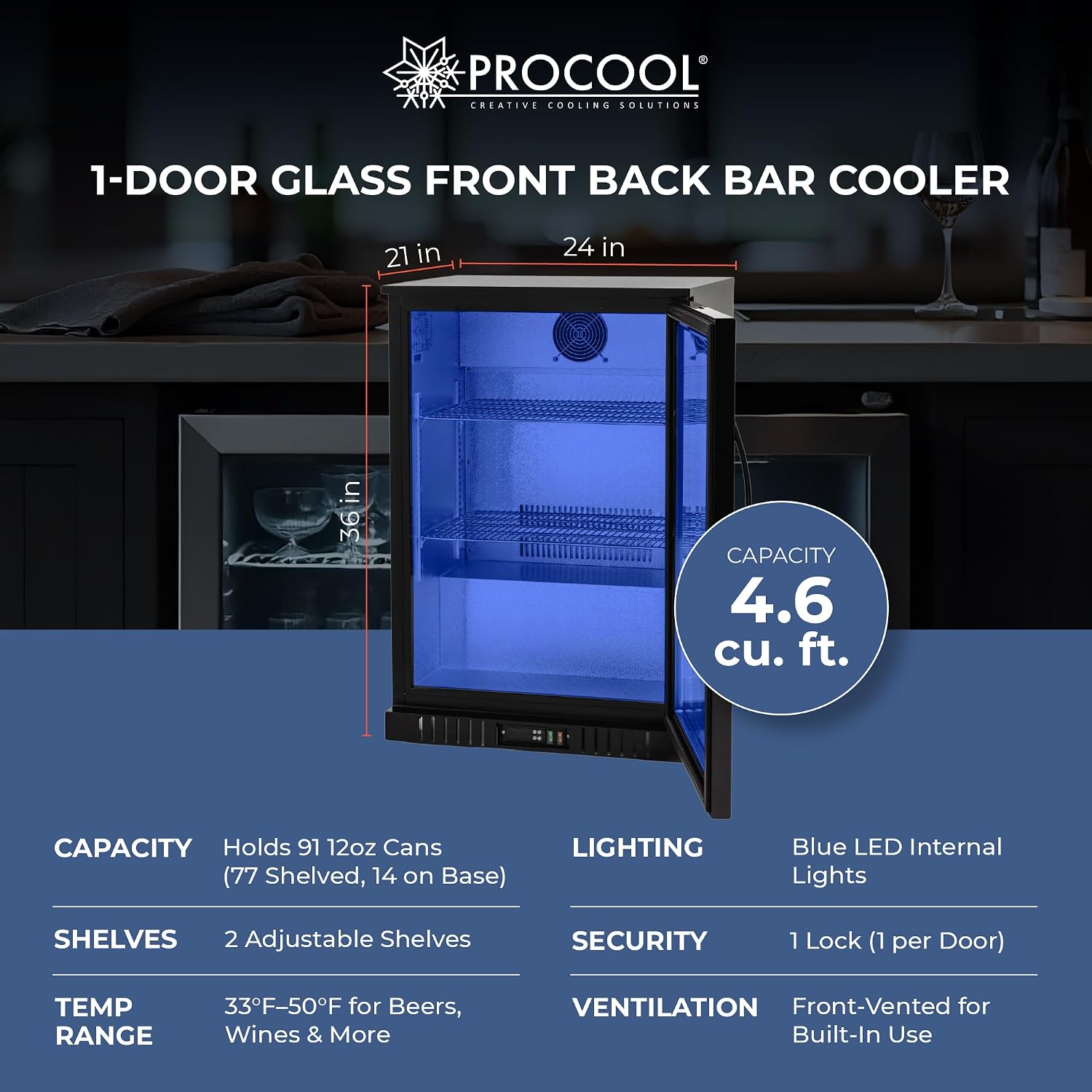 Procool 1-Door Counter Height Beverage Refrigerator - 24' Wide Energy Efficient Black Beer Fridge With Glass Door & Blue LED Lighting - Commercial Back Bar Cooler