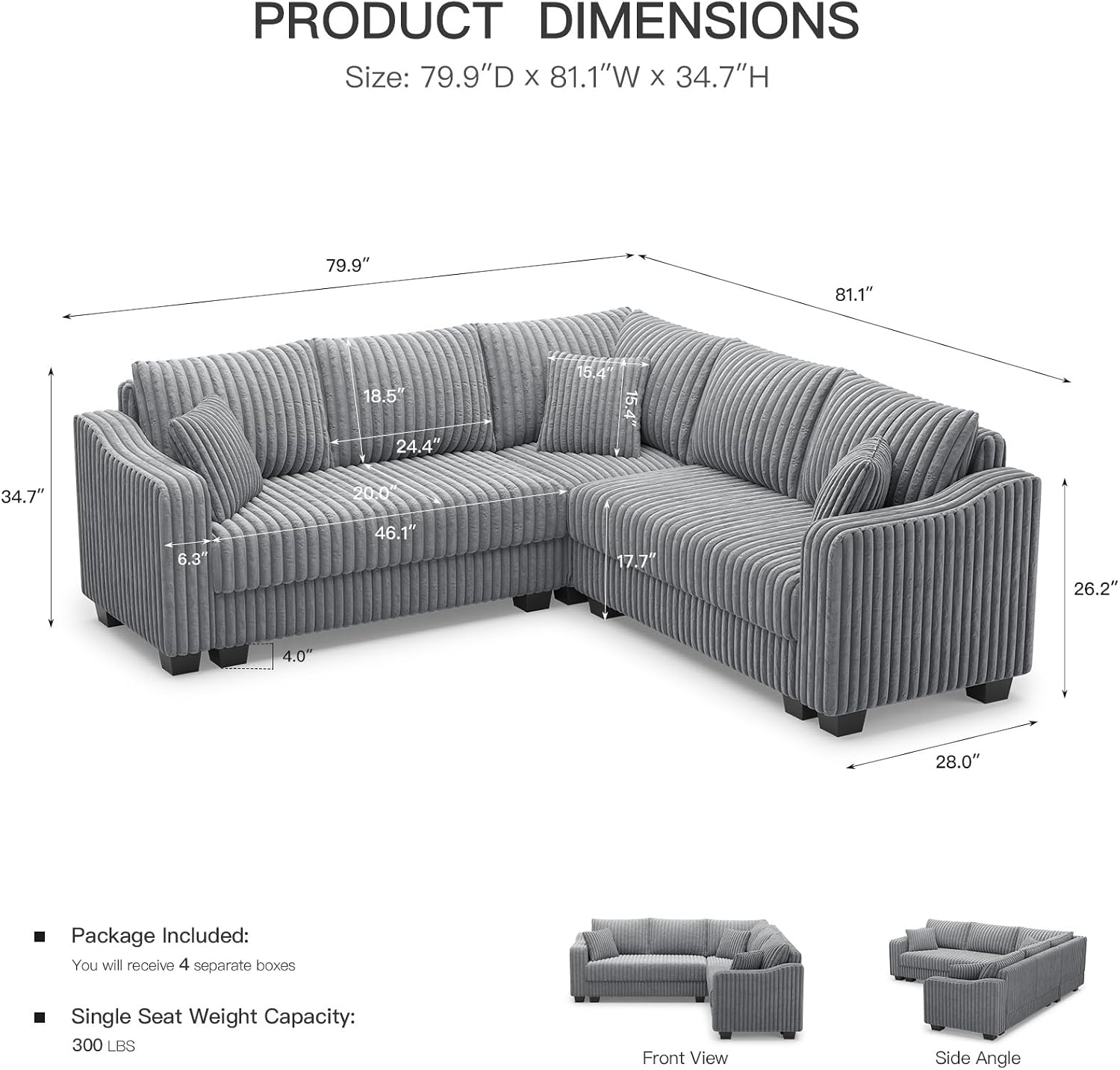 Belffin Convertible Sectional Couch with Chaise Corner Sectional Sofa L Shaped Couch Reversible Corner Upholstered Couches for Living Room Corduroy (Light Grey, V Shaped)