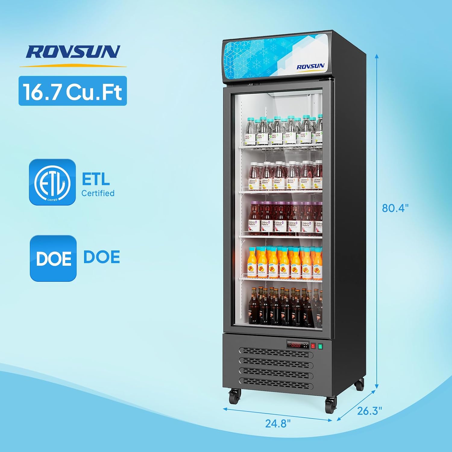 ROVSUN 17 Cu.Ft Commercial Refrigerator Display Refrigerator ETL NSF Certified, Slim Commercial Beverage Cooler Glass Door Merchandiser Drink Fridge w/Adjustable Shelves LED Light for Bar Restaurant